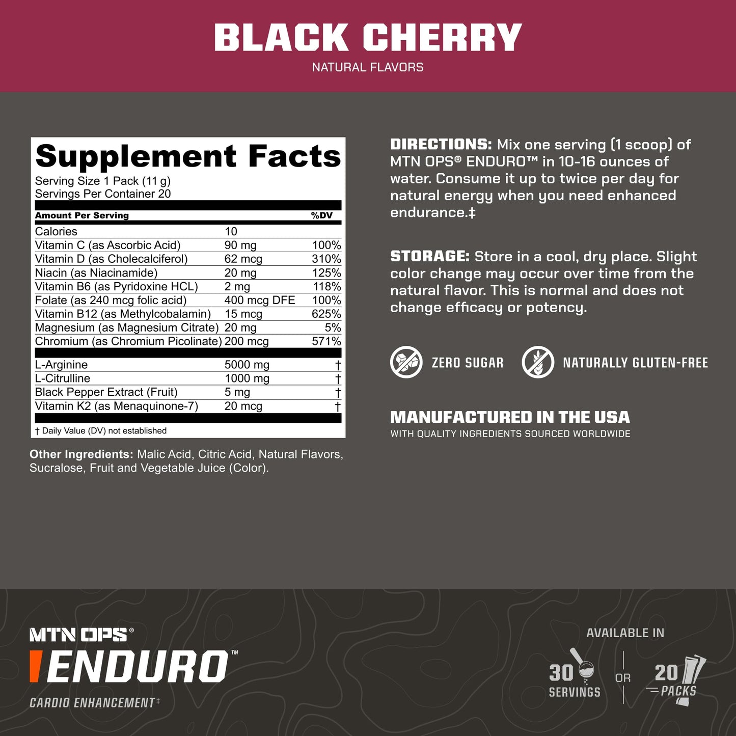 MTN OPS Enduro Nitric Oxide Pre Workout Powder, 30 Servings, Black Cherry