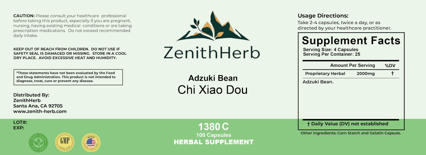 ZenithHerb Adzuki Bean Chi Xiao Dou Herbal Supplement Capsules, 100 Capsules