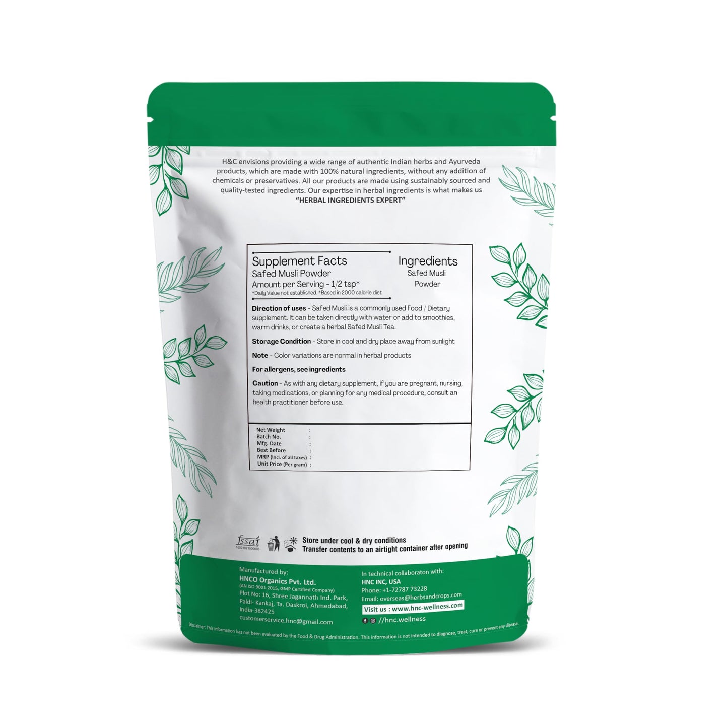 H&C Safed Musli Powder (Chlorphytum Borivillianum), 7.95 oz
