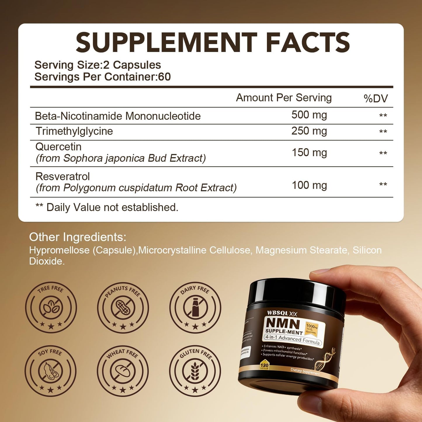WBSQL NMN Supplements 1000mg Pure Organic Capsule, 120 Count