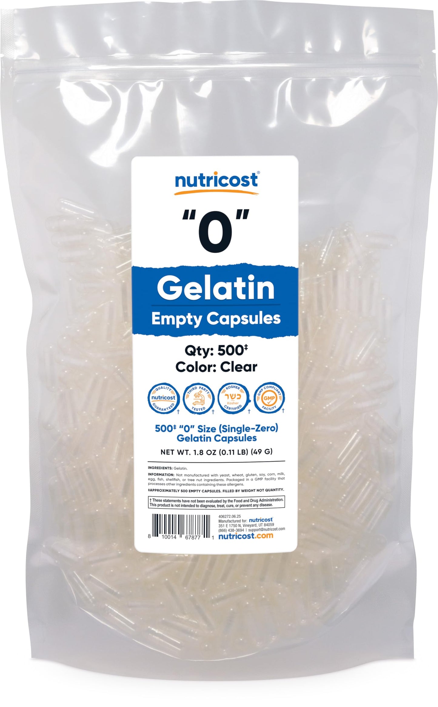 Nutricost Empty Gelatin Capsules Size 0, 500 Capsules