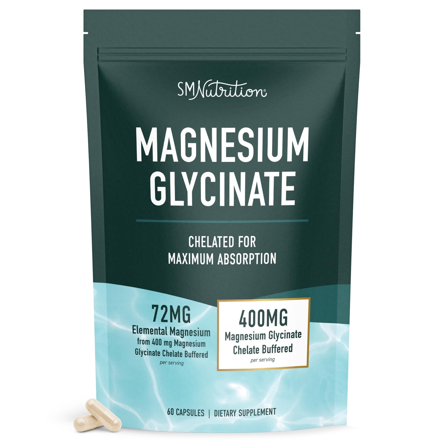 SMNutrition Magnesium Glycinate 400mg, Chelated Magnesium Glycinate, Maximum Absorption Capsule, 60 Count