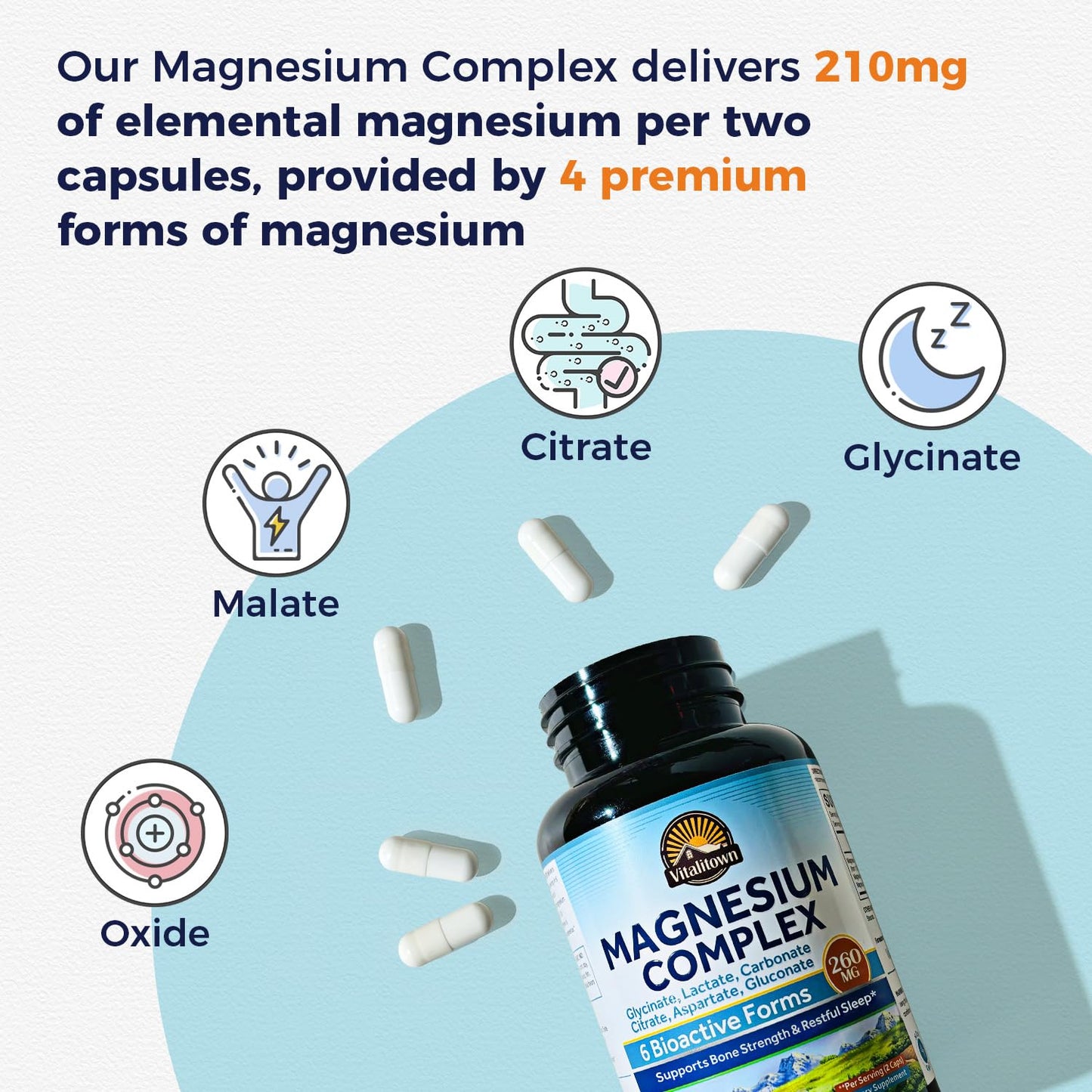 Vitalitown 6-in-1 Magnesium Complex 260mg Per Serving, High Absorption, 120 Capsules