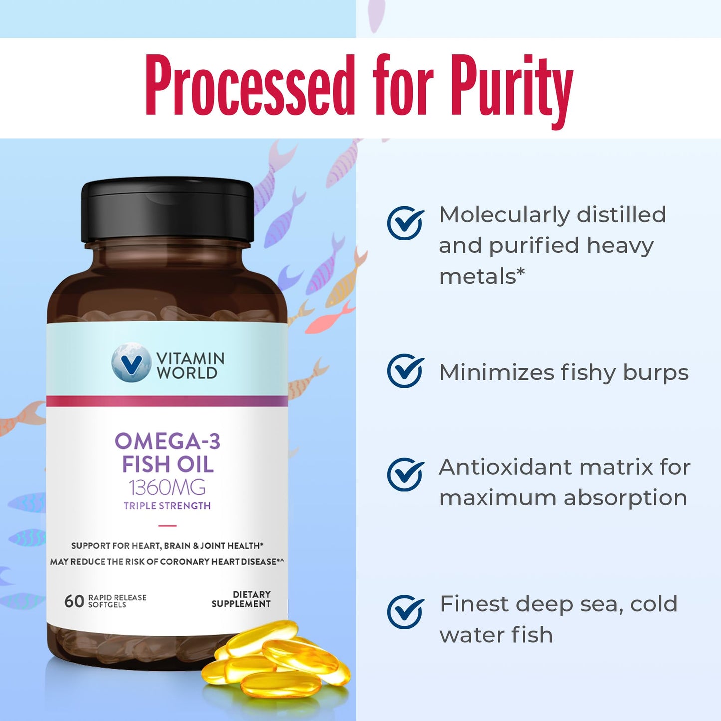 Vitamin World Triple Strength Omega 3 Fish Oil 1360 mg Softgels, 60 Count