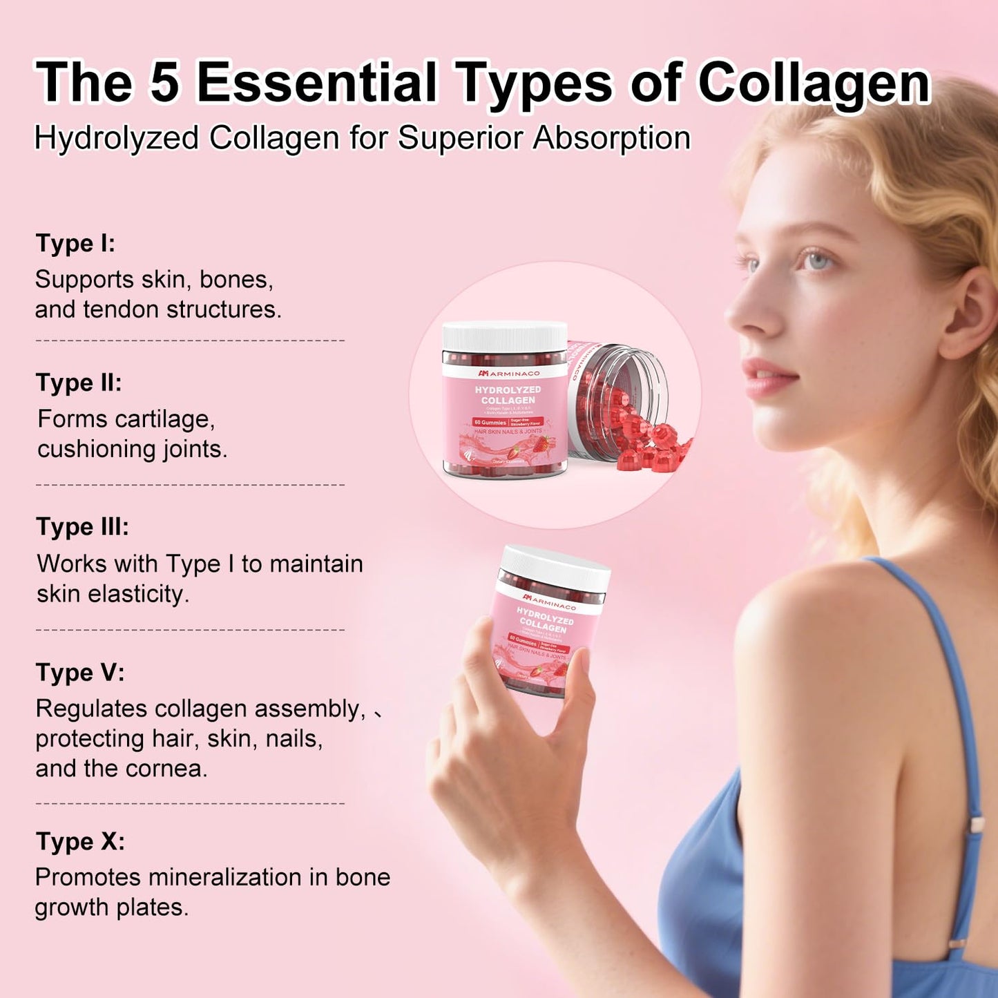 ARMINACO Collagen Gummies for Women – Low Sugar, Strawberry Flavor, Type I II III V X Collagen with Biotin, Vitamin C D B12 Zinc – Hydrolyzed Peptides for Hair Skin Nails Joints, 60 Gummies