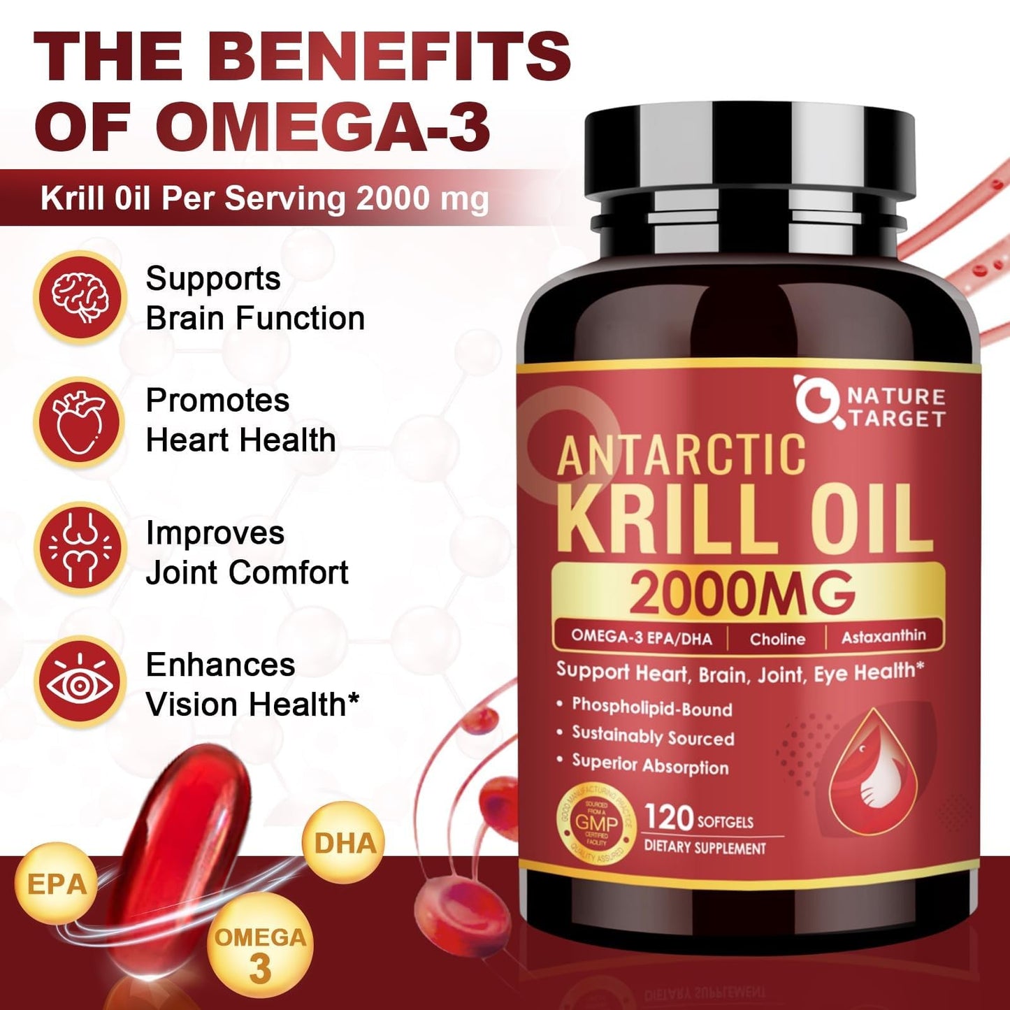 Nature Target Krill Oil 2000 mg with Omega-3 EPA & DHA with Astaxanthin & Choline Softgels 120