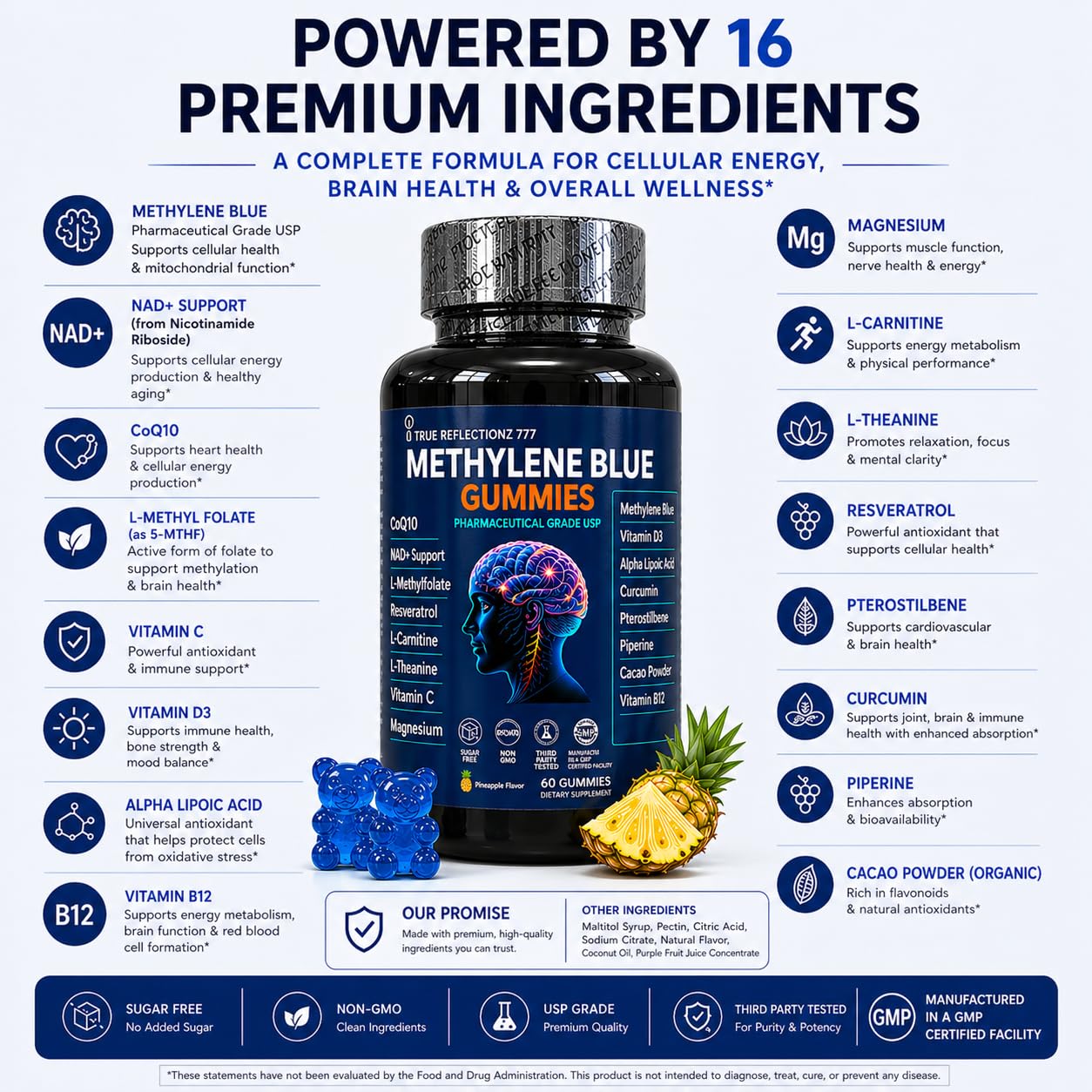 True reflectionz Methylene Blue Gummies 12mg Cognitive Support with Added Vitamin C, NAD, L-Methylfolate, Methylcobalamin B12, Methylated Vitamins, 60 Count