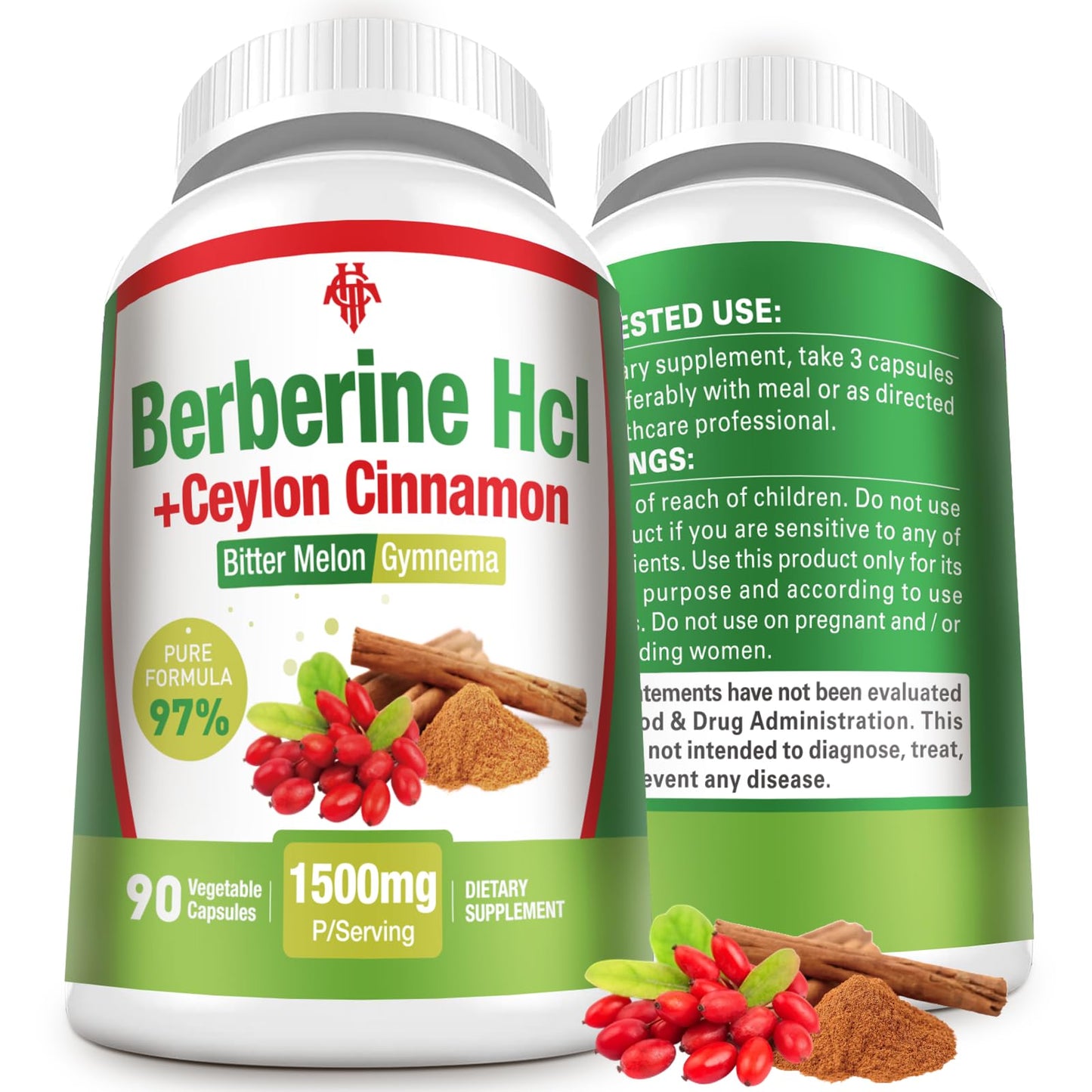 CHANUBITO Berberine Capsule 1500mg HCl 97% Purity with Pure Ceylon Cinnamon, Non-GMO, 90 Count