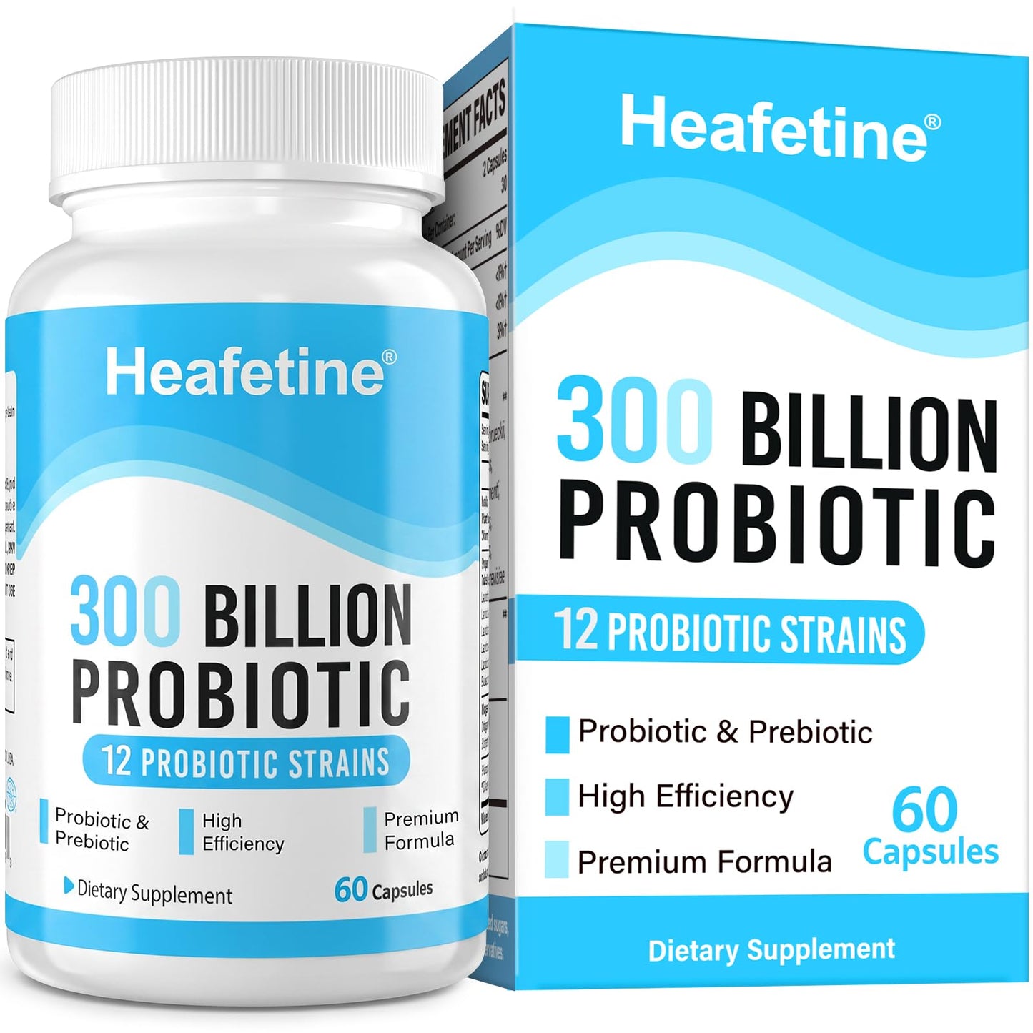 Heafetine Probiotics 300 Billion CFUs for Women & Men, 12 Strains + 3 Organic Prebiotics, Digestive Health & Immune Support, 60 Capsules