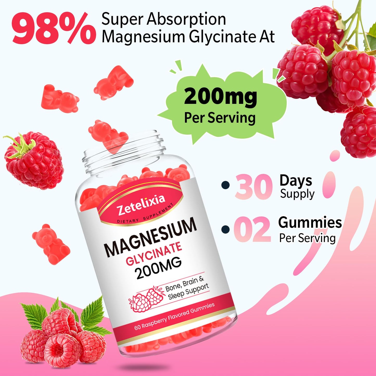 Zetelixia Magnesium Glycinate Gummies 200mg, 60 Count