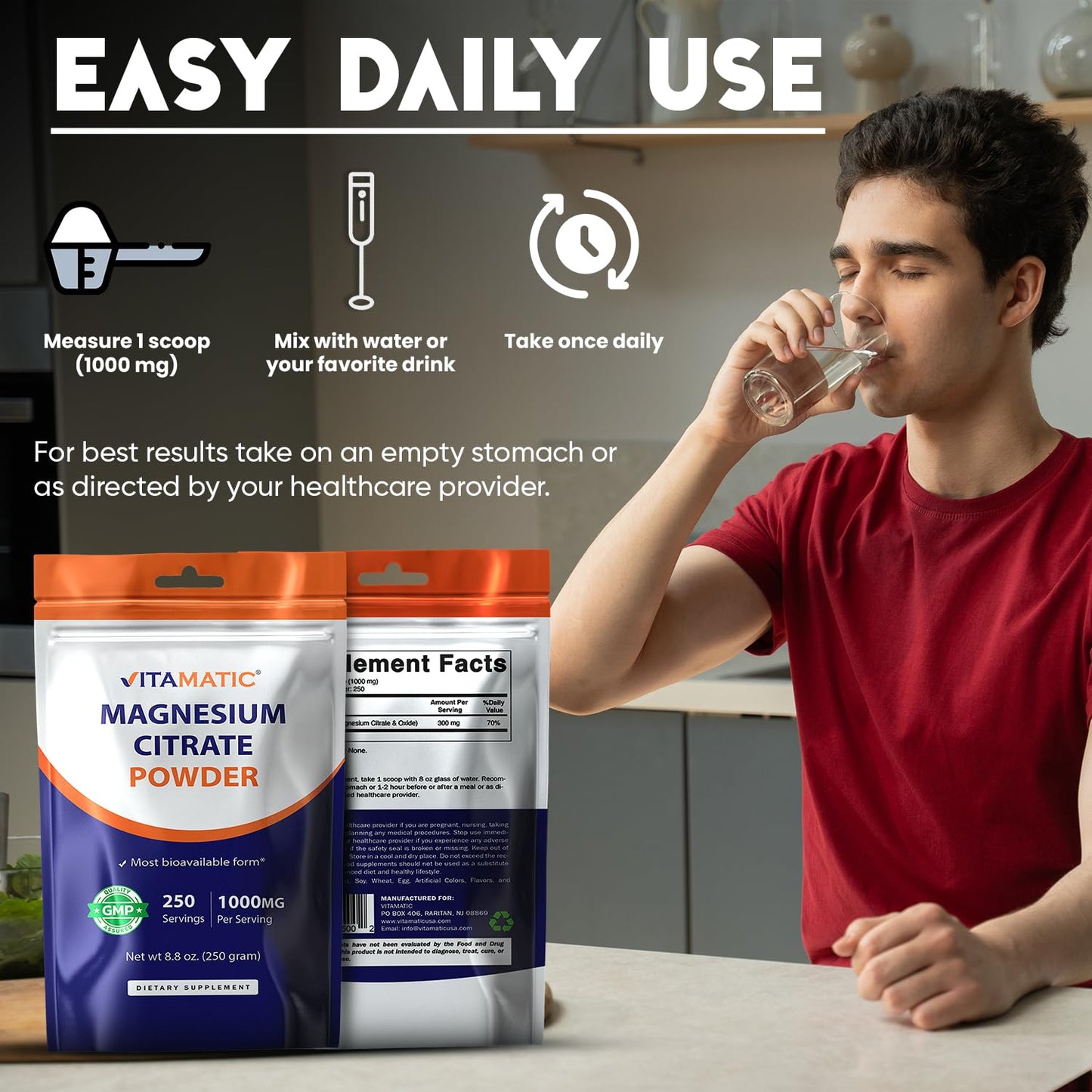 Vitamatic Magnesium Citrate 1000mg Powder, 8.8 oz, 250 Servings, Supports Muscle, Joint, and Heart Health