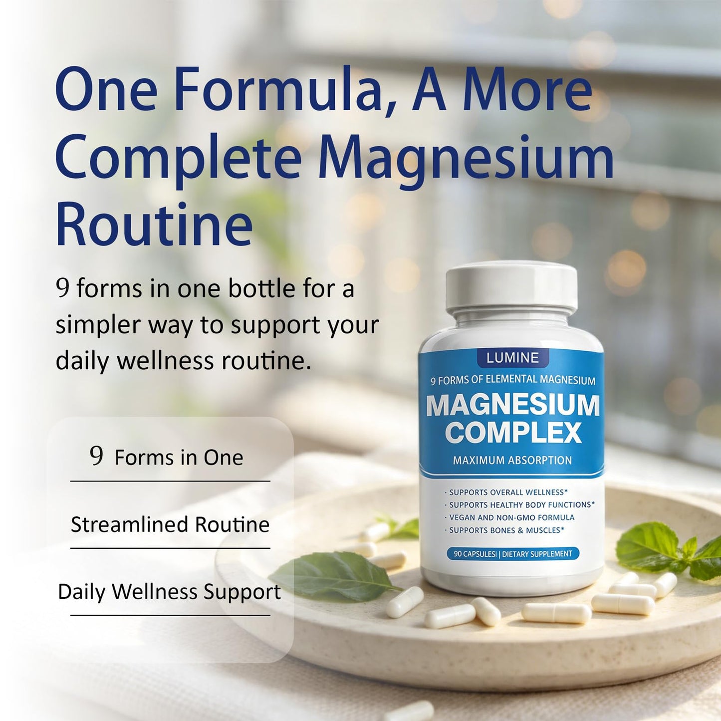 Berbino Lumine Magnesium Complex Supplement 1000 mg, 8-Form Magnesium Blend with Glycinate, Citrate, Malate, Taurate, Chelated for Easy Absorption, 90 Capsules
