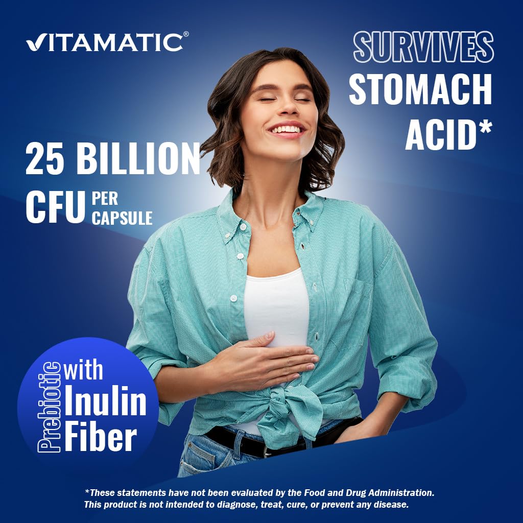 Vitamatic Acidophilus Bifidus 25 Billion DR Capsule 60 Count Digestive Support Made with Prebiotic Inulin Fiber
