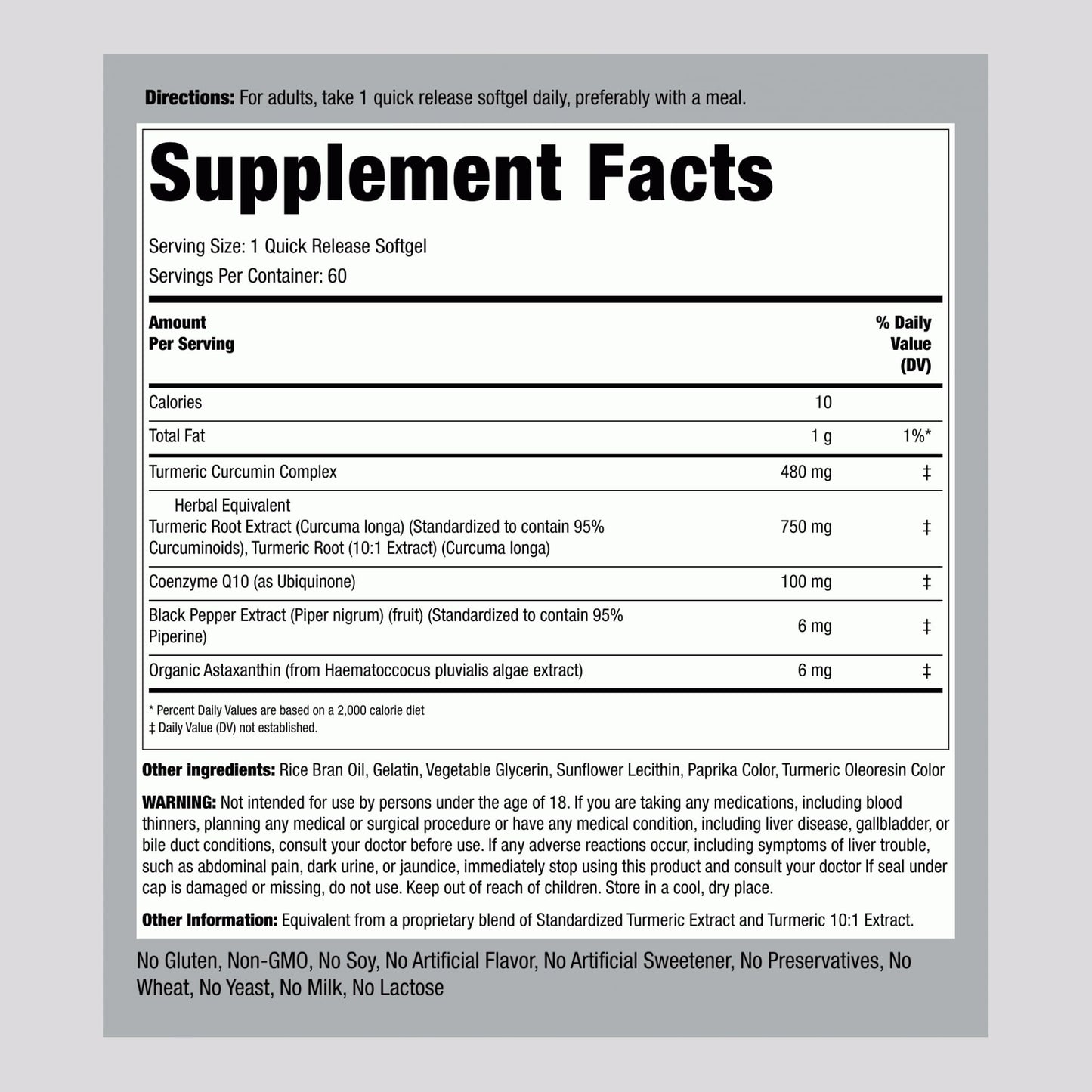 Piping Rock Turmeric Curcumin Supplement Softgel 60 Count
