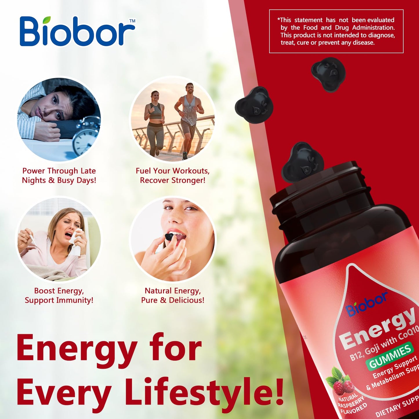 Biobor Natural Energy Gummies with Vitamin B12, Goji, CoQ10, 120 Count
