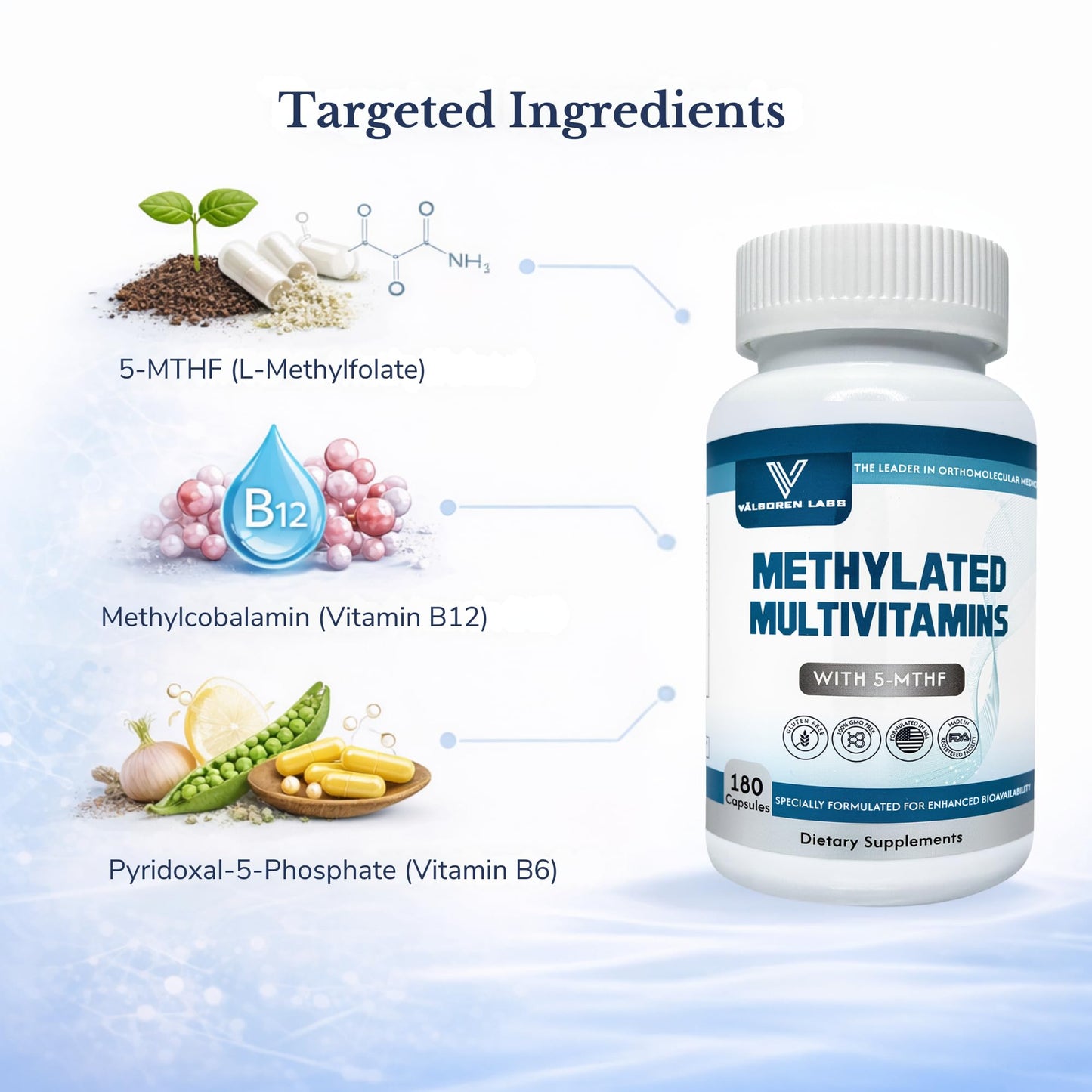 Valboren Labs Methylated Multivitamin – Active Folate (5-MTHF) with Methyl B12, B2, B6 & B Vitamins Capsules, 180 Count
