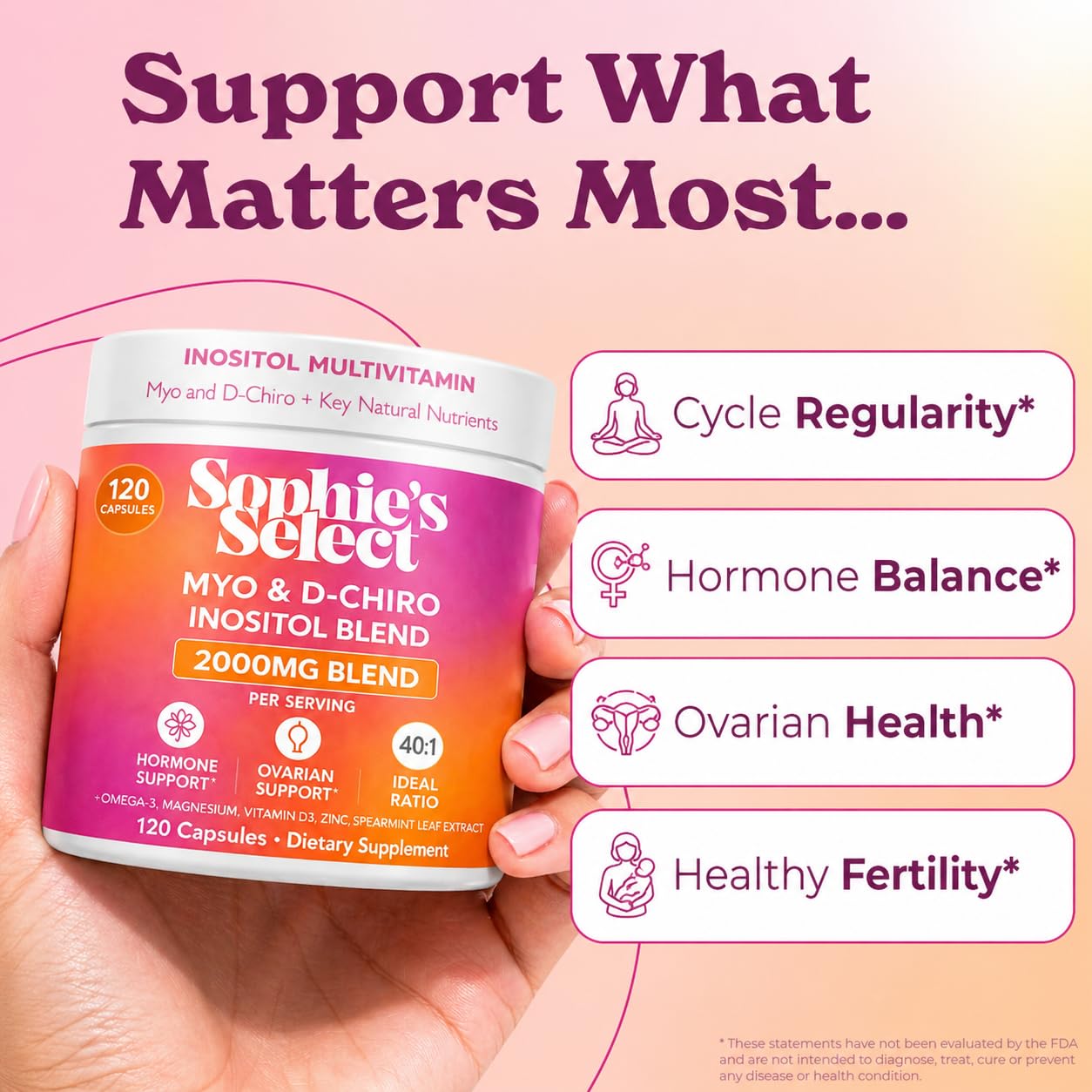 Sophie's Select Myo-Inositol & D-Chiro Inositol 2000 mg per Serving - Inositol Supplement for Women 40:1 Formula with Spearmint, Vitamin D3, Zinc & Magnesium - Hormone Balance, Ovarian Support, 120 Capsules