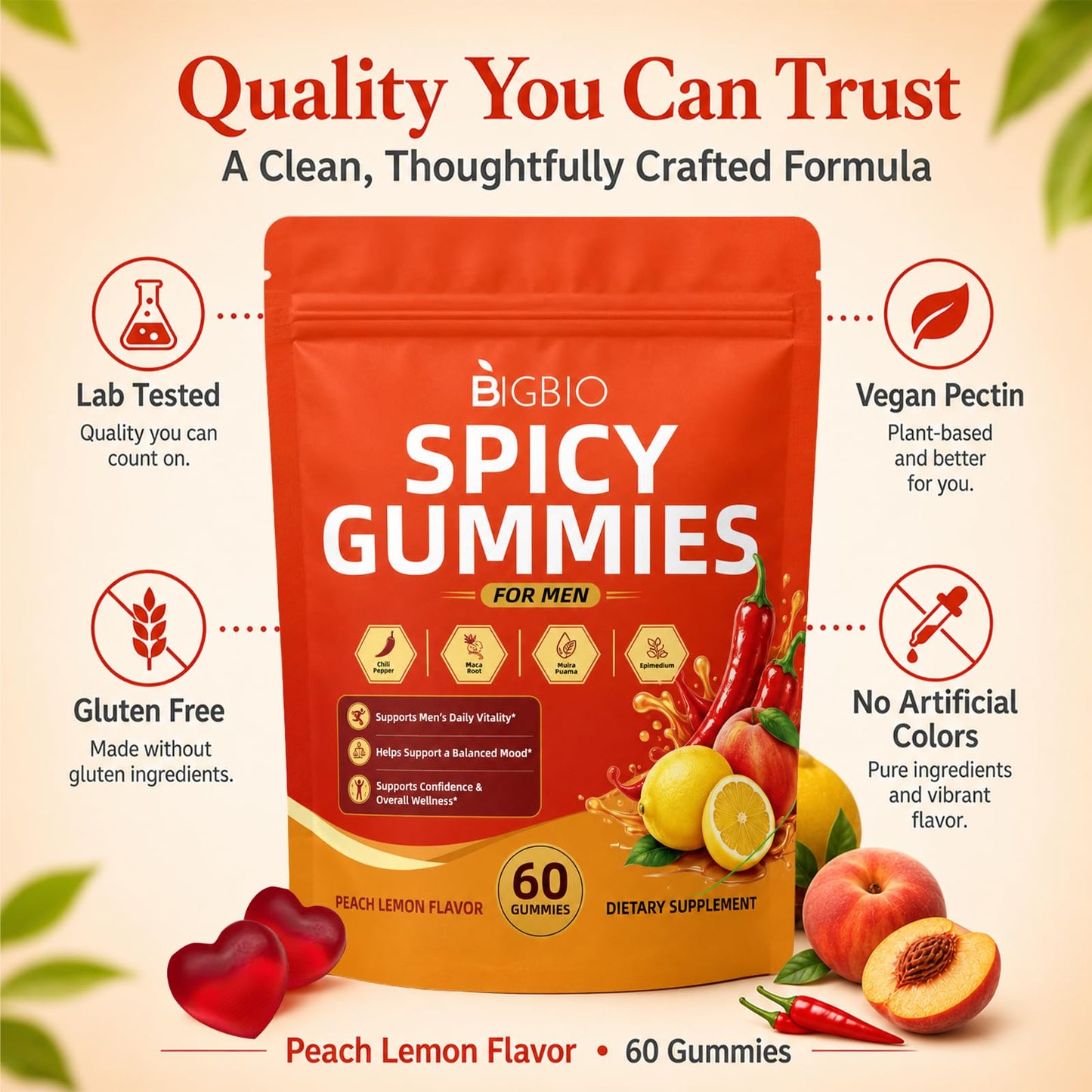 BIGBIO Spicy Gummies Cubes, Adults Hot Peach Gummy with Chili Pepper, Muira Puama, Maca Root and Epimedium, Plant-Based Daily Wellness Support, Vegan, Non-GMO, 60 Gummies