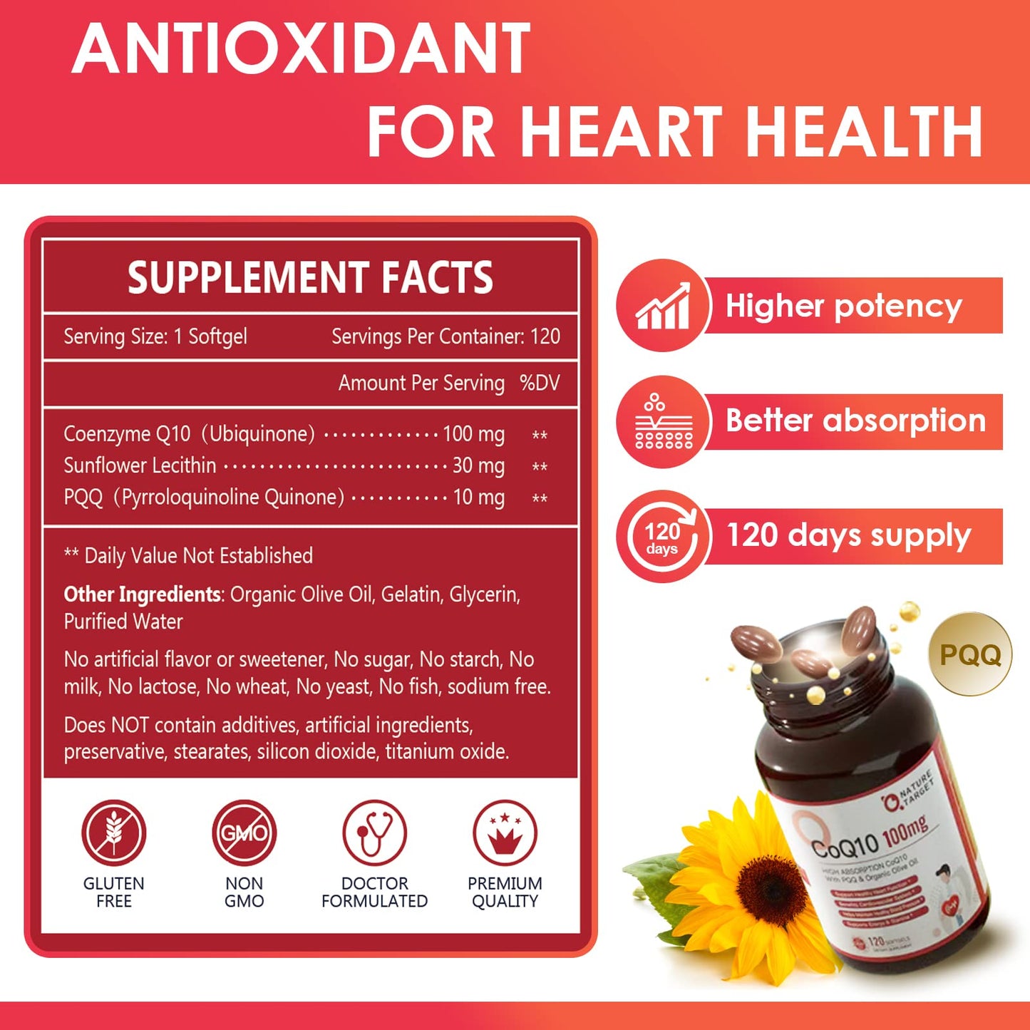 Nature Target CoQ10 100mg Softgels with 10mg PQQ, 120 Count
