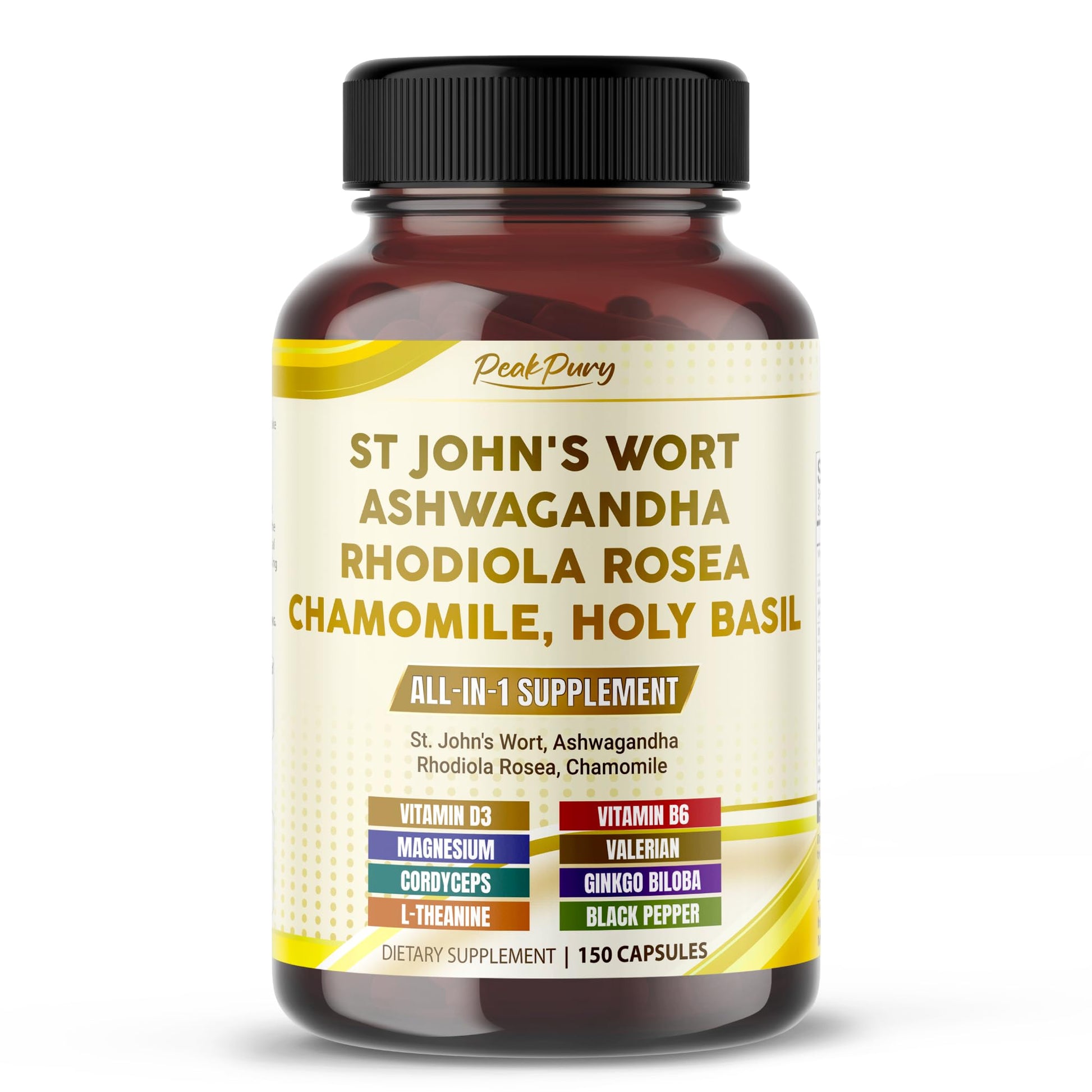 PEAKPURY St. John's Wort, Ashwagandha, Rhodiola Rosea & Chamomile Capsule, 150 Count