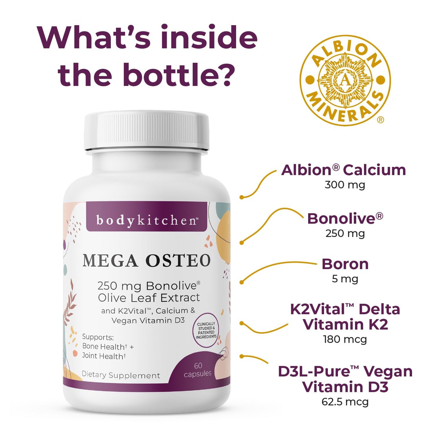 Body Kitchen Mega Osteo Vegan Bone & Joint Support Supplement with Bonolive, K2VITAL MK-7, Vegan Vitamin D3 & Albion Calcium, 60 Vegetable Capsules