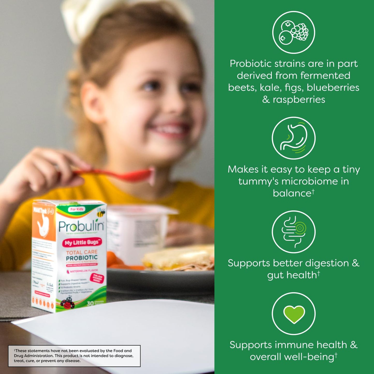 Probulin Total Care My Little Bugs Prebiotics, Probiotics & Postbiotics - 5 Billion CFU - 15 Strains, Chewable Tablets, 60 Count