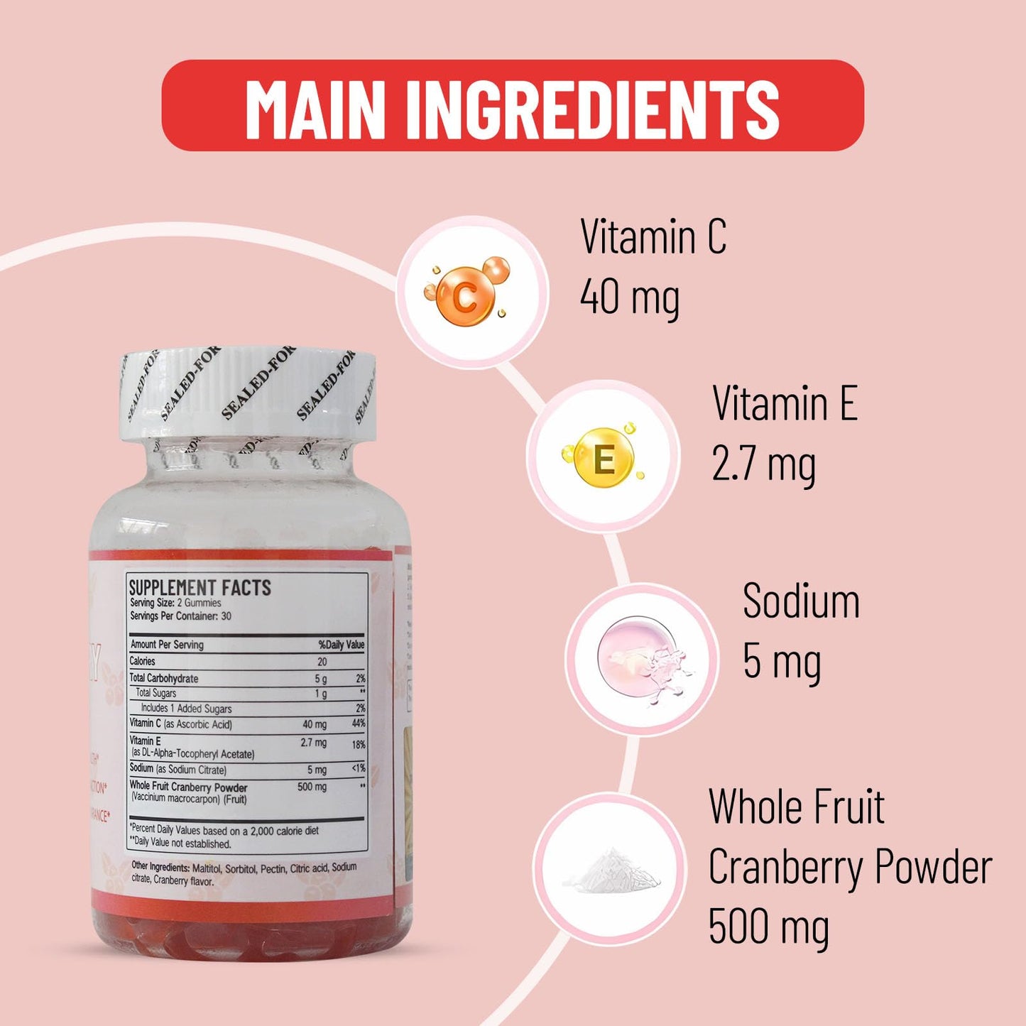 Wins Town Cranberry Gummies for Women 500mg, 60 Count