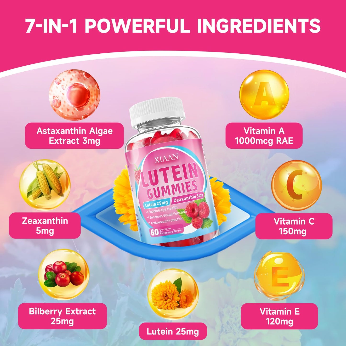 XIAAN Lutein and Zeaxanthin Gummies with Zeaxanthin, Vitamins A, C, E, Bilberry, Astaxanthin for Vision Health - Raspberry Flavor, Sugar-Free/Vegan - 120 Gummies