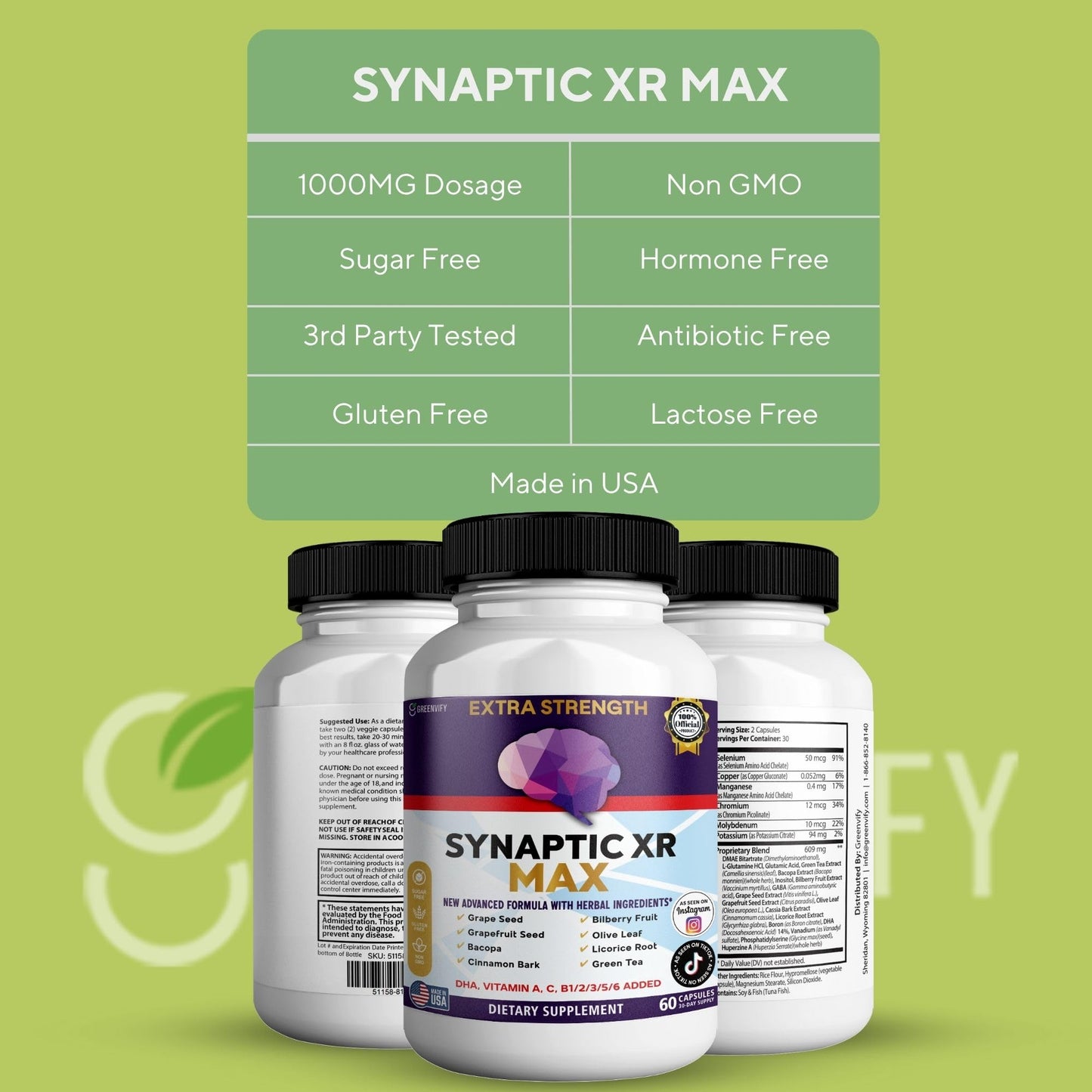 GREENVIFY Synaptic XR Max Extra Strength Brain Support Supplement with Herbal Ingredients, DHA Vitamins, Nootropic Formula 60 Capsules