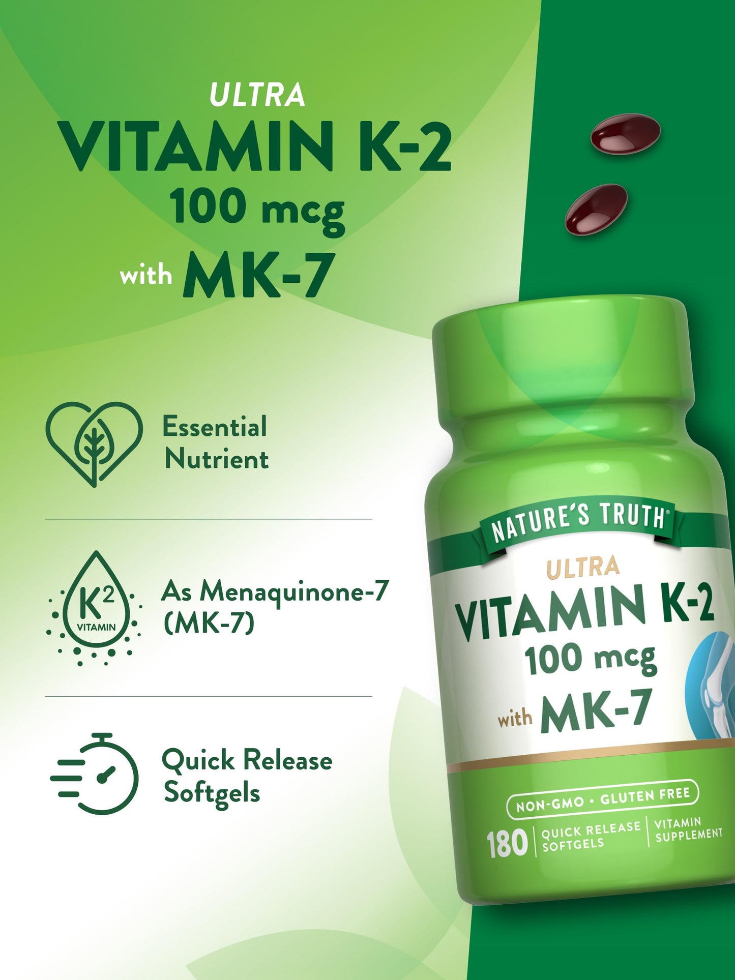 Nature's Truth Vitamin K2 MK-7 100 mcg 180 Softgels