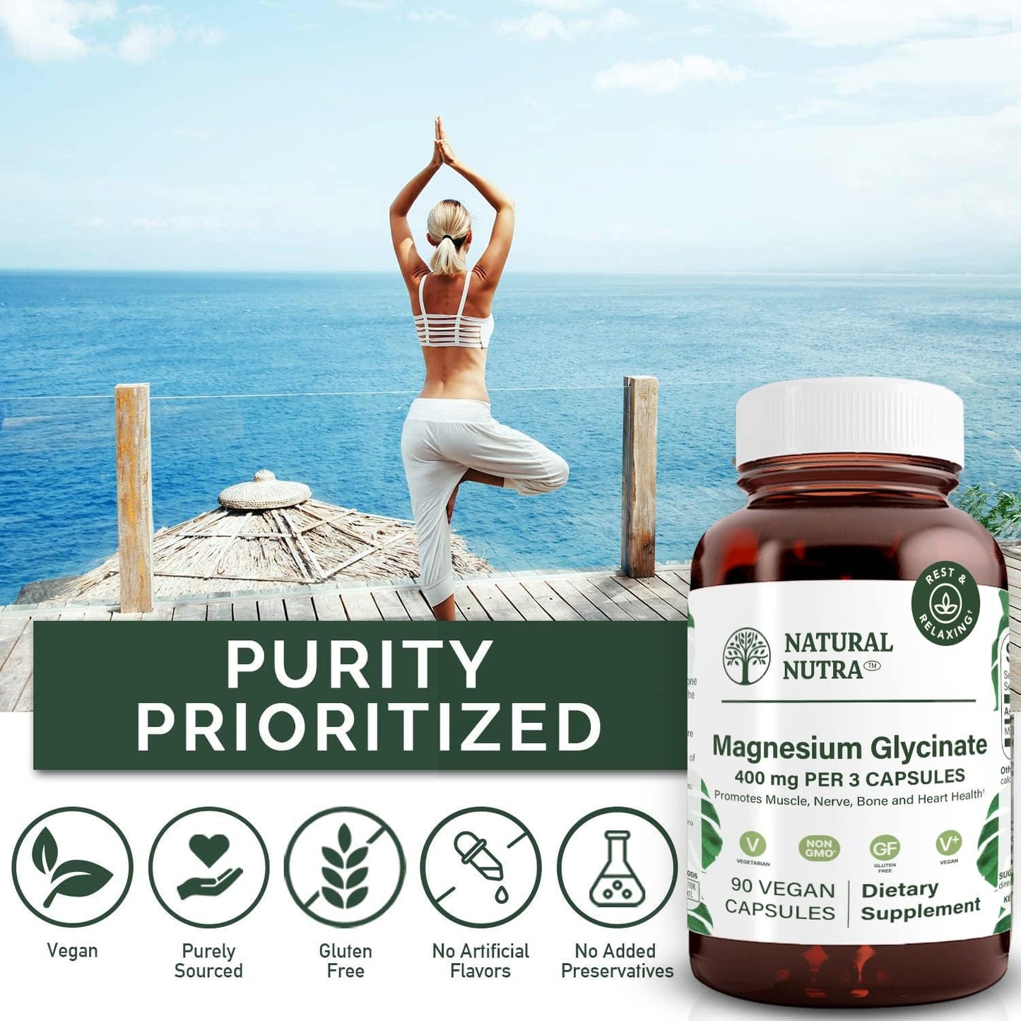 Natural Nutra Magnesium Glycinate 400 mg Supplement Capsules, 90 Count