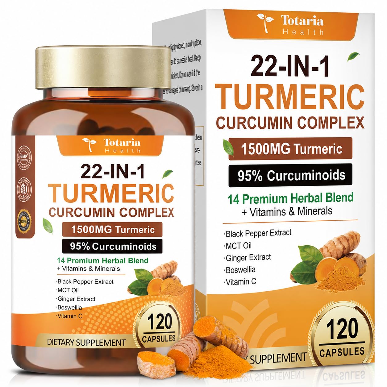 Totaria Turmeric Curcumin 2348mg - 95% Curcuminoids with Black Pepper, MCT Oil & Vitamin C, High Absorption Turmeric Curcumin Supplement for Antioxidant, Joint & Immune Support, 120 Capsules