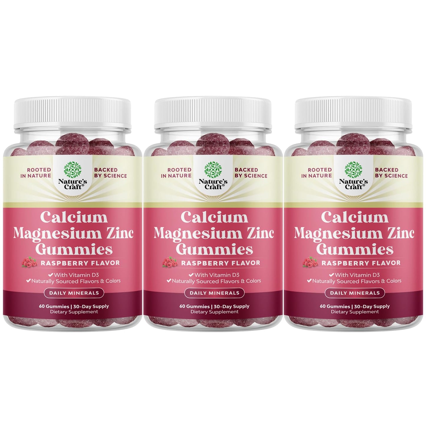 Natures Craft Calcium Magnesium Zinc Gummies with Vitamin D3 for Teeth and Bone Health, 180 Gummies