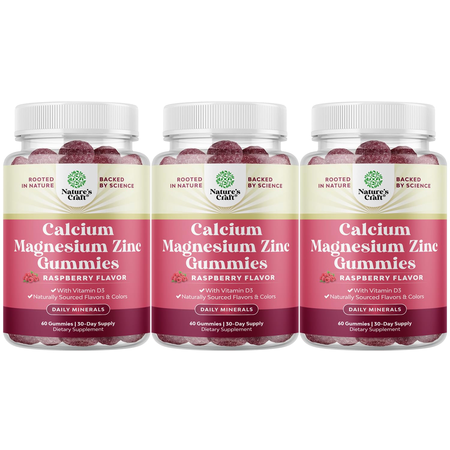Natures Craft Calcium Magnesium Zinc Gummies with Vitamin D3 for Teeth and Bone Health, 180 Gummies