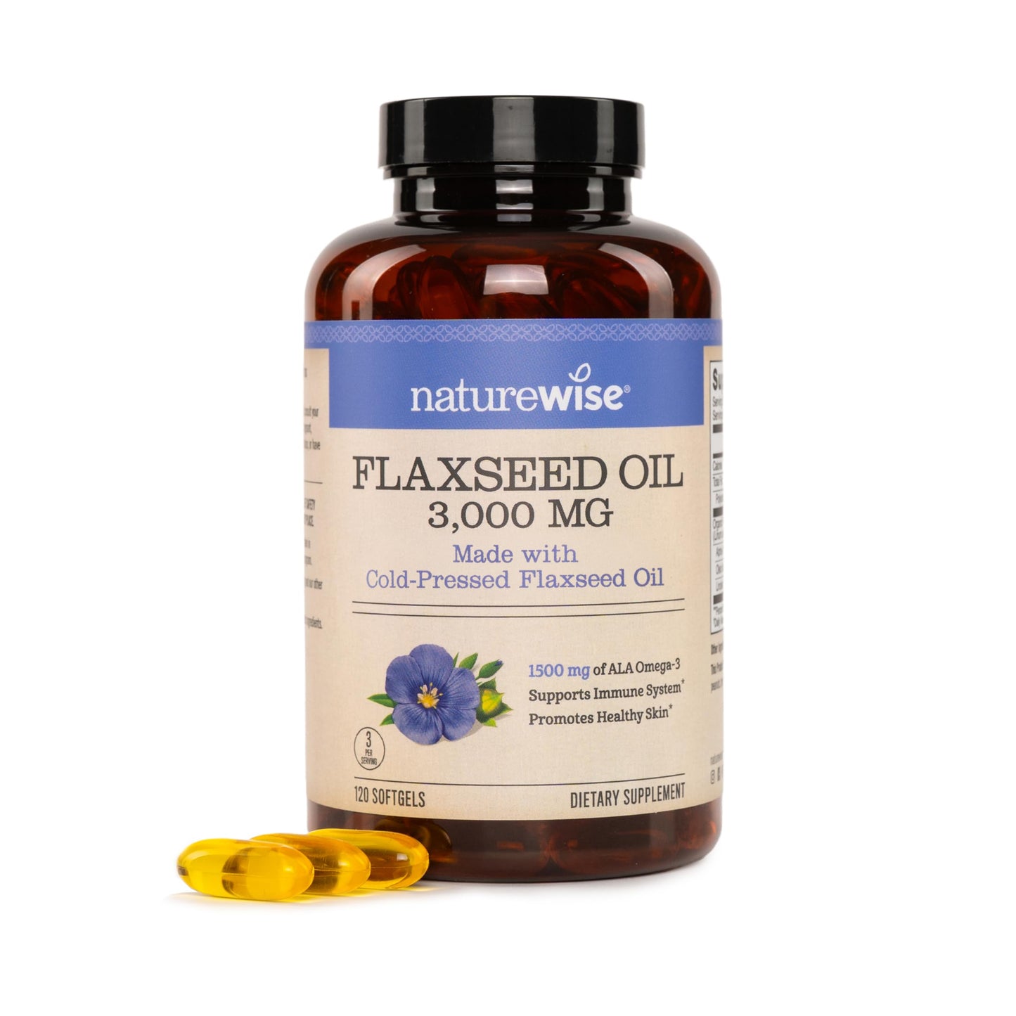 NatureWise Flaxseed Oil 3000 mg, Fish Free Omega-3 with 1500 mg ALA, Plant-Based Omega 3-6-9 Supplement, Organic Cold-Pressed Non-GMO, 120 Softgels
