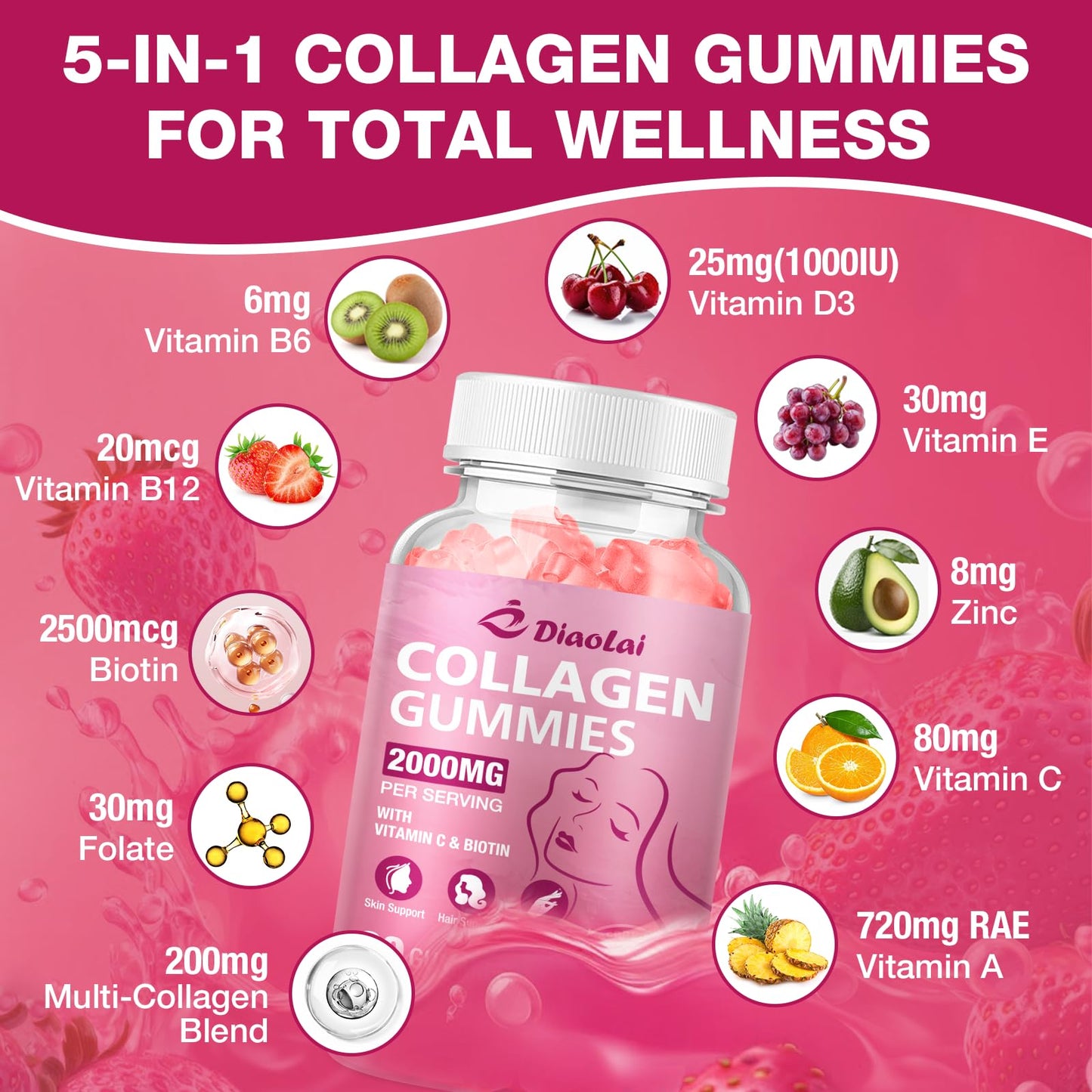 DIAOLAI Sugar-Free Multi Collagen Gummies (2-pack) with Biotin, Vitamin C & Zinc for Hair, Skin & Nails, Strawberry Flavor