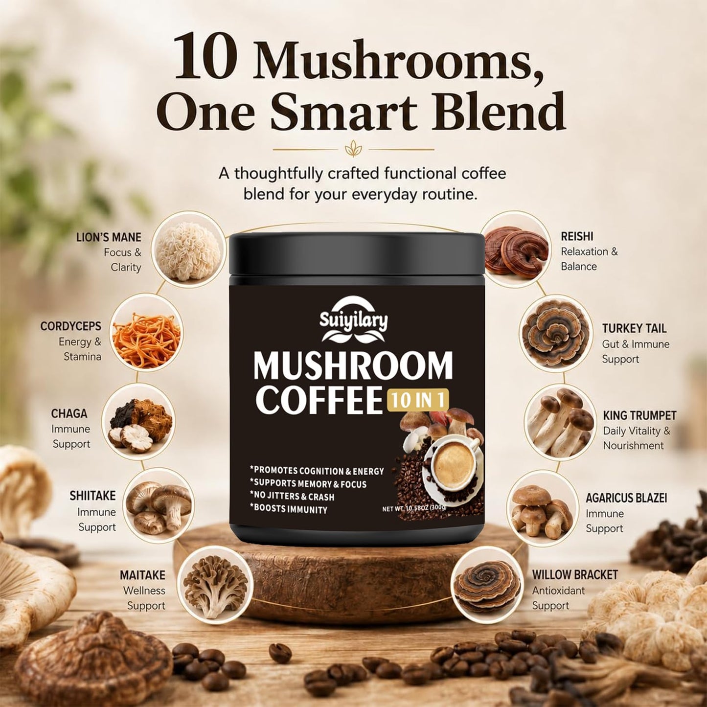 Suiyilary Mushroom Coffee Powder 10.6 Ounce