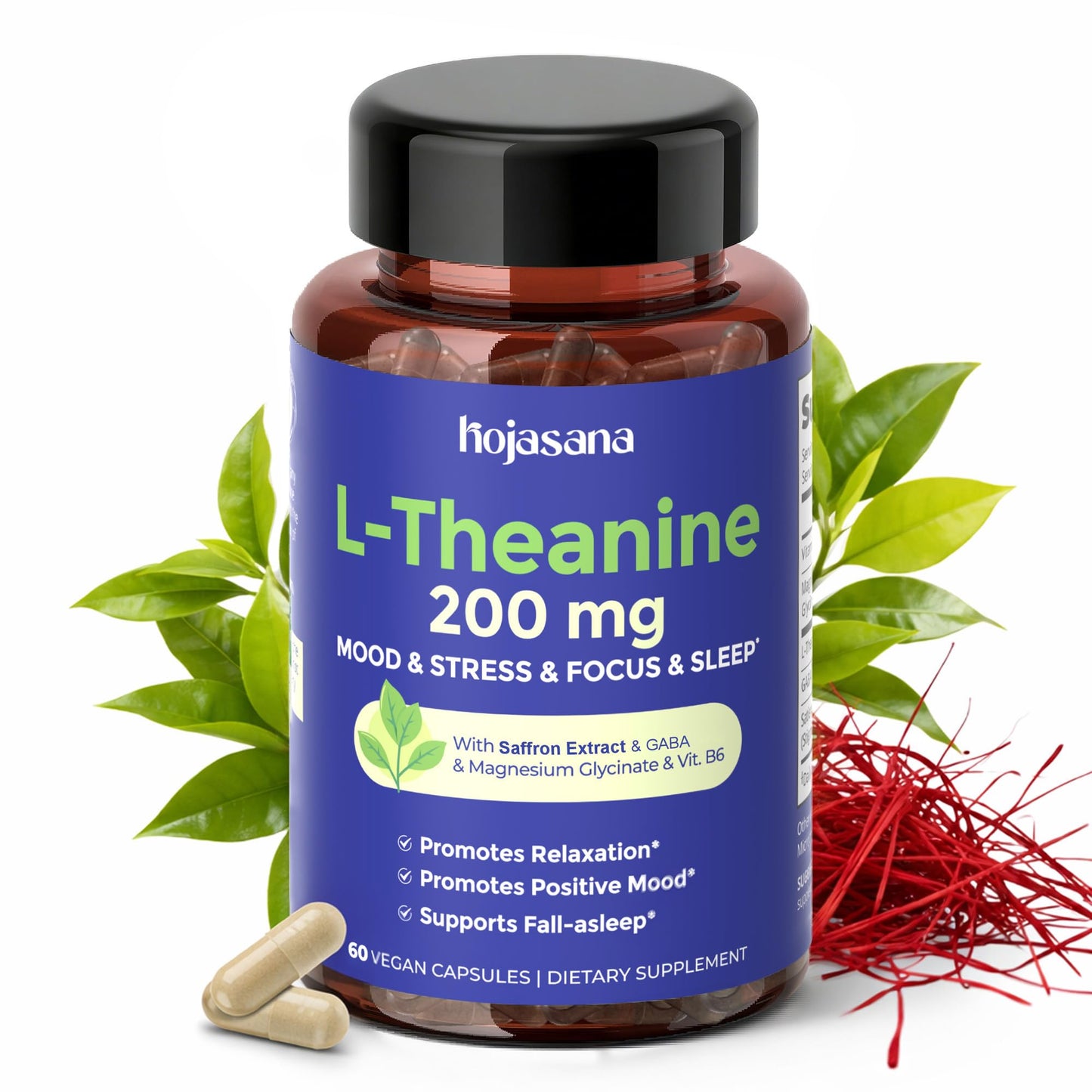 HojaSana L-Theanine 200mg with Saffron, GABA, Magnesium Glycinate & VIT.B6 Capsule 60 Count