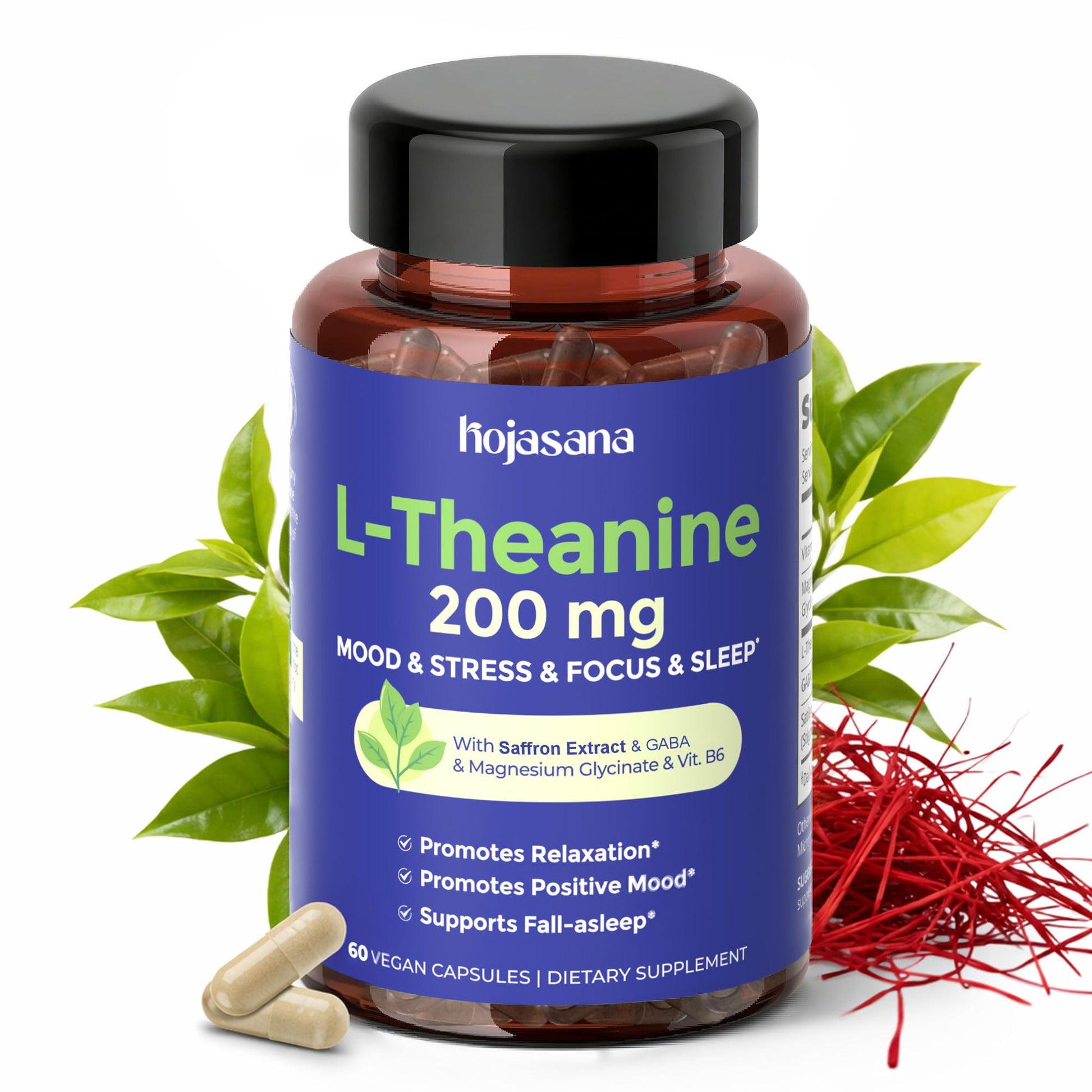 HojaSana L-Theanine 200mg with Saffron, GABA, Magnesium Glycinate & VIT.B6 Capsules, 60 Count