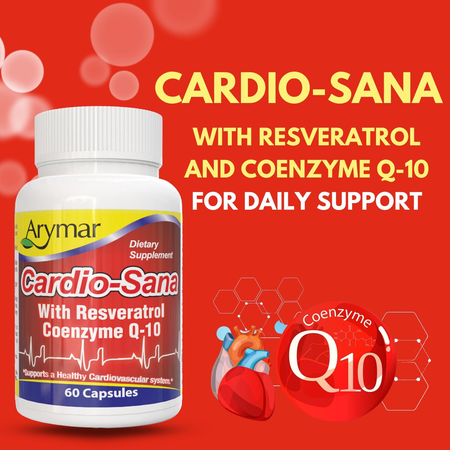 Arymar Cardio-Sana Supplement Co-Enzyme Q-10 100 mg, Resveratrol 300 mg, 60 Capsules