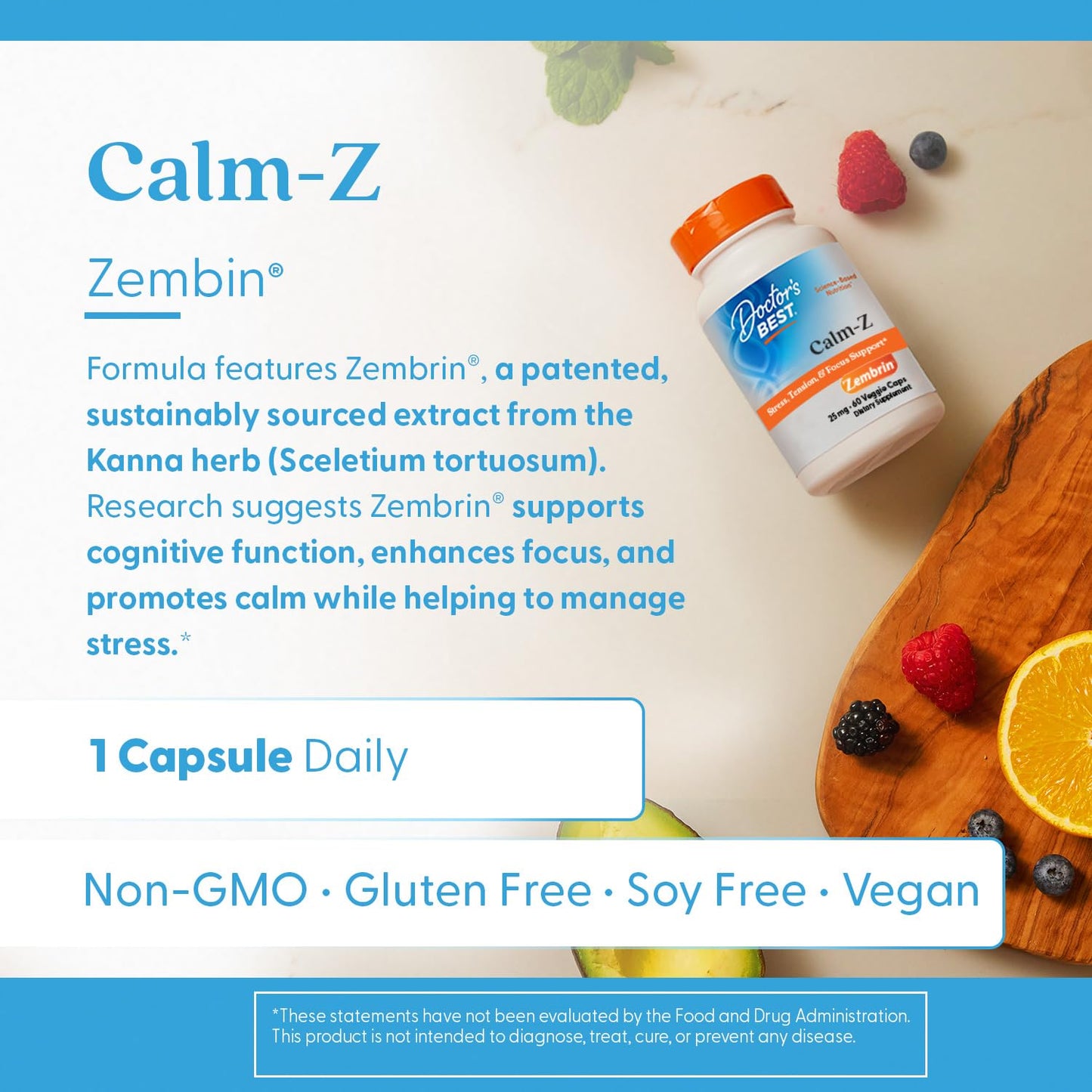 Doctor's Best Calm-Z for Men & Women - Zembrin (Sceletium Tortuosum) Extract Supplement, Calm & Focus Support, Helps Reduce Stress, 25 mg Capsules, 60 Veg Caps