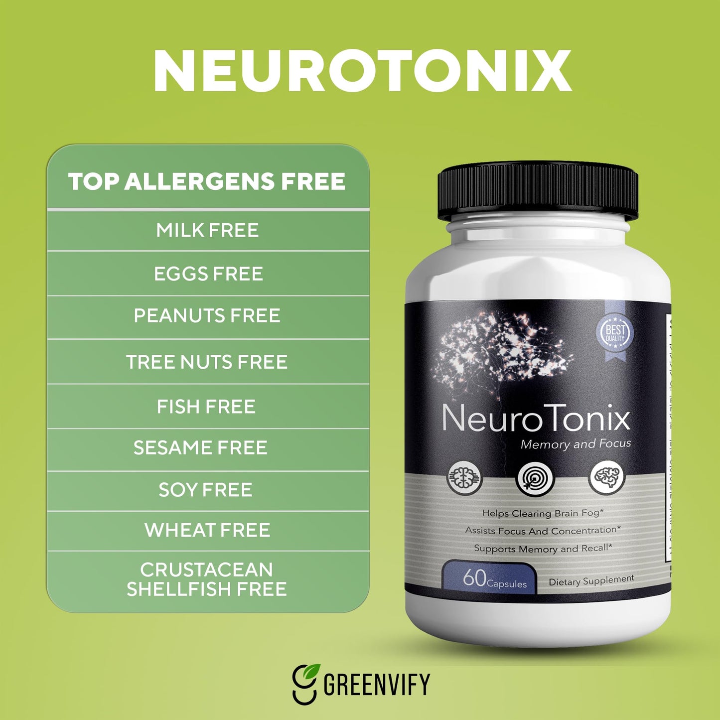 GREENVIFY NeuroTonix Brain Support Supplement Capsules 60 Count