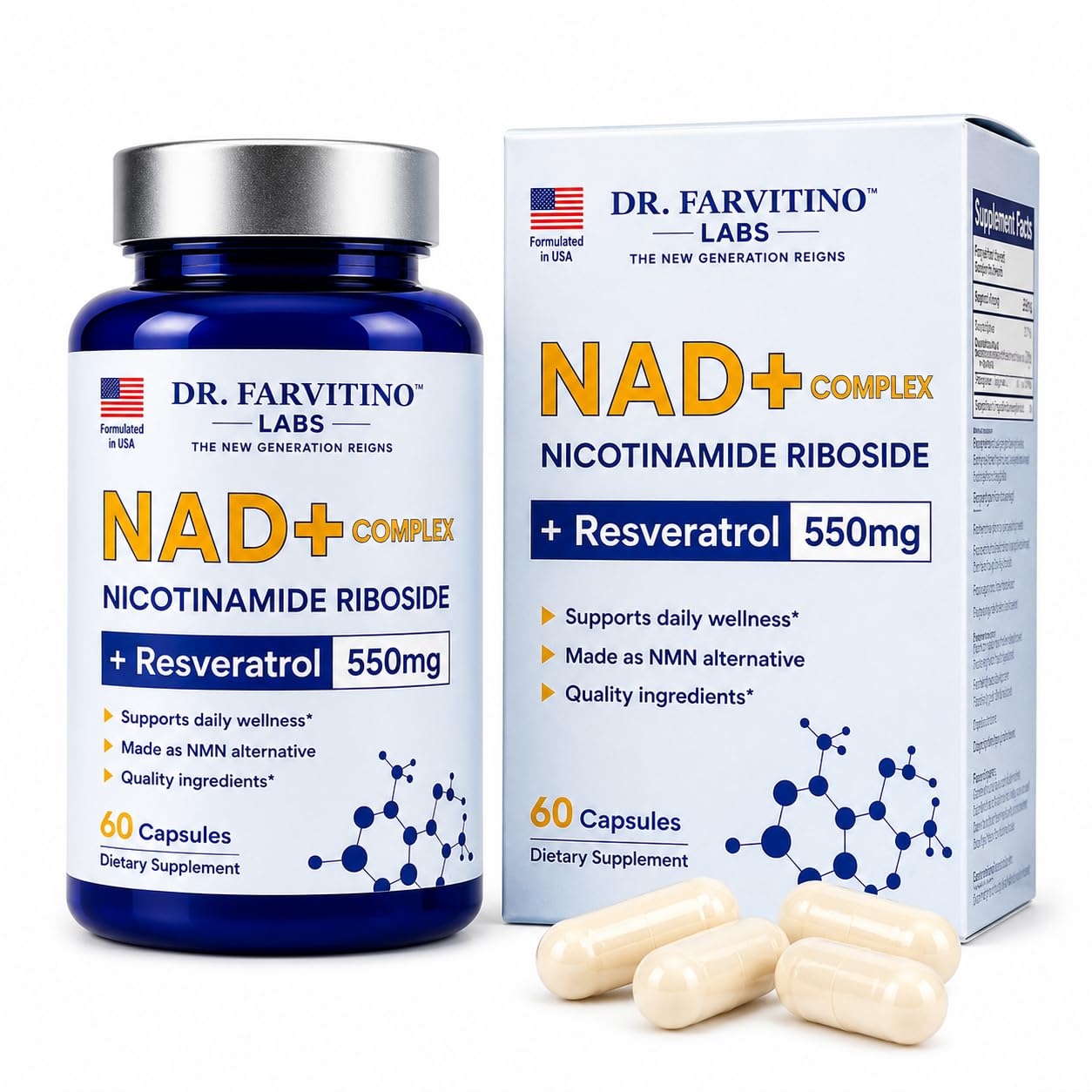 DR. FARVITINO LABS NAD+ Supplement 550mg NextGen Liposomal NAD+ + Trans-Resveratrol 60 Vegan Capsules