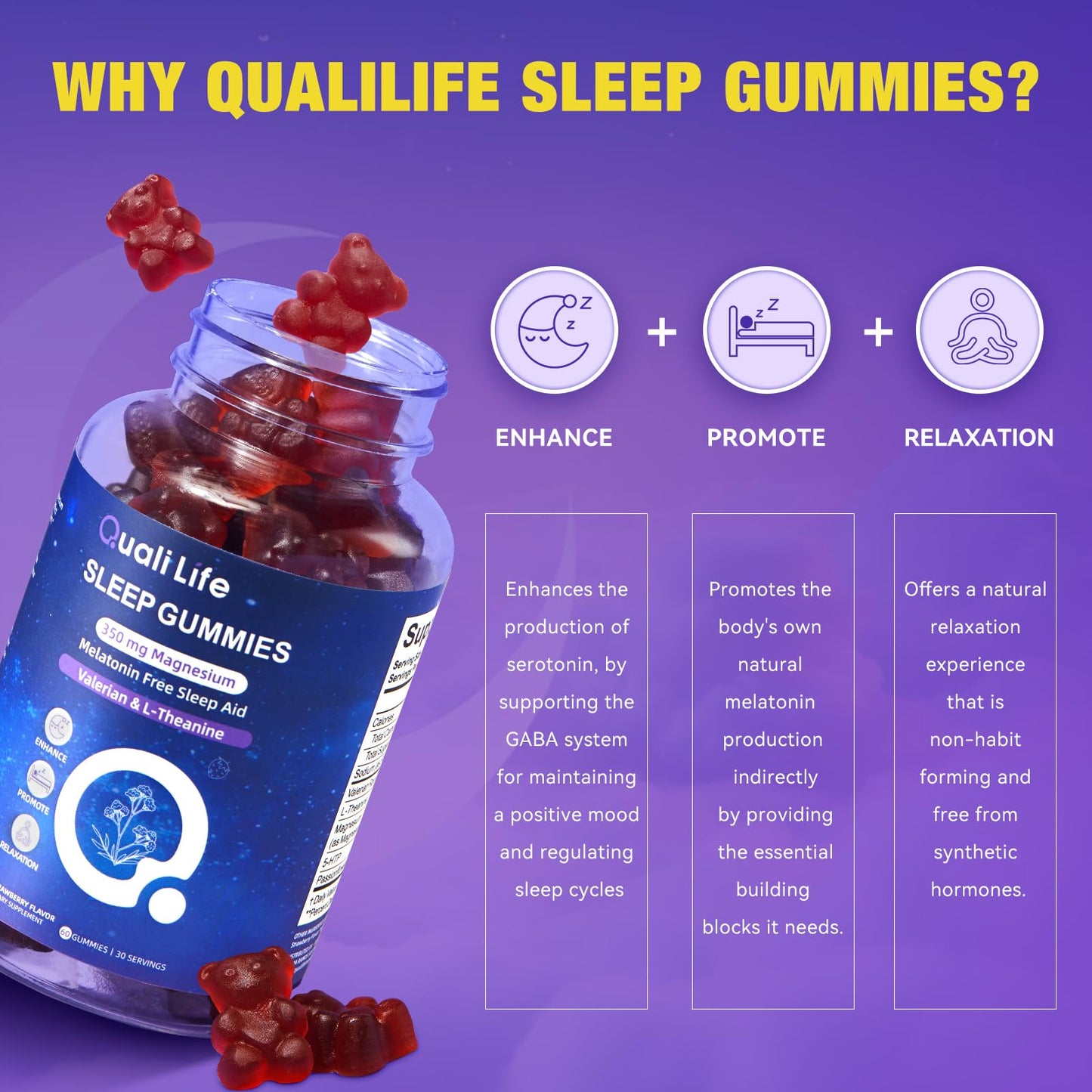 QualiLife Melatonin Free Sleep Gummies for Adults with Magnesium, Valerian Root, 5-HTP & Herbal Blend - 60 Count