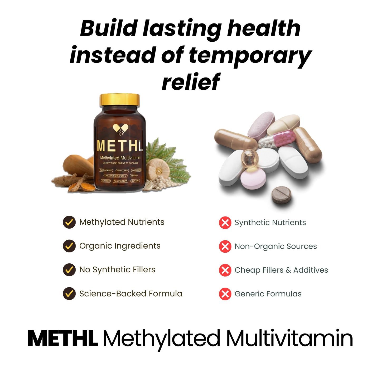 METHL Methylated Multivitamin Fermented Organic Greens & Turmeric, Activated B Vitamins (5‑MTHF & Methyl B12), Vegan, Gluten Free, Energy & Immune Support, 60 Capsules