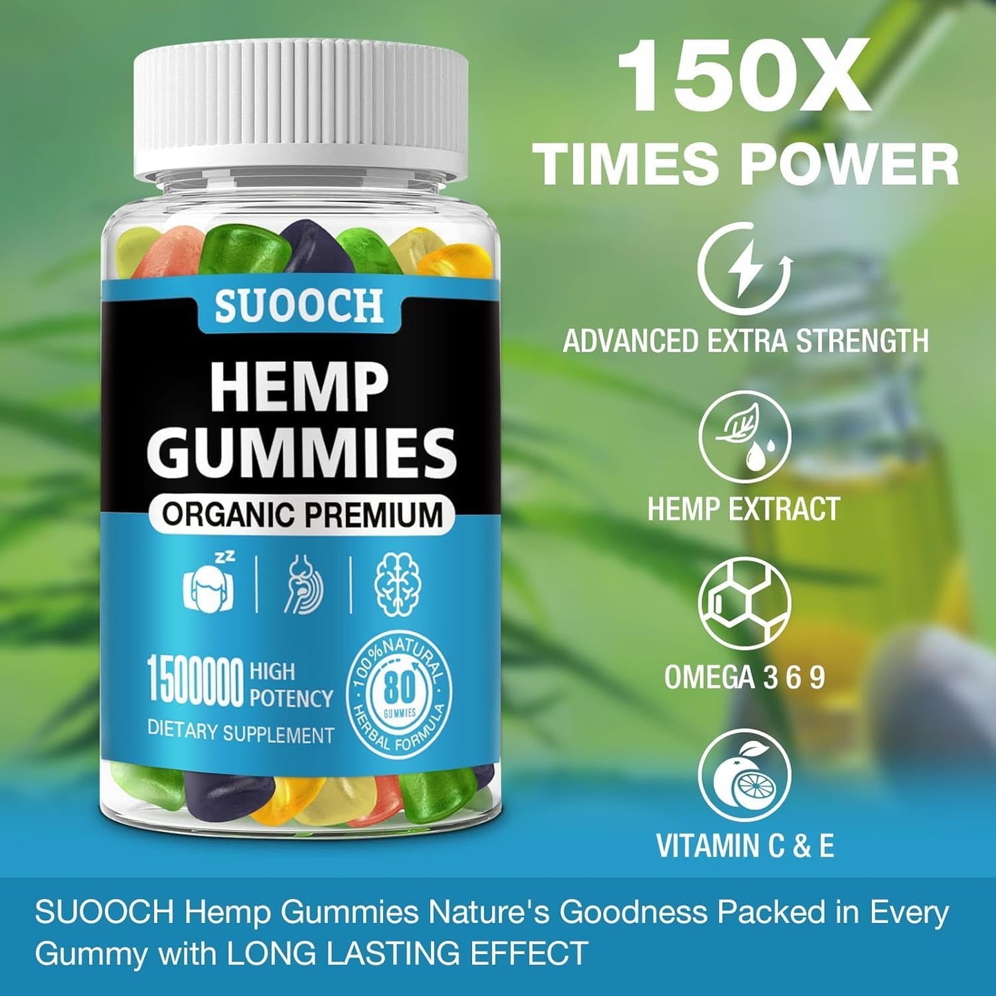 SUOOCH Hemp Gummies for Sleep, Anxiety, Pain & Inflammation Relief Edible with Omega & Vitamin Premium Fruity Flavors, Natural Candy High Potency 160 Count Gummies