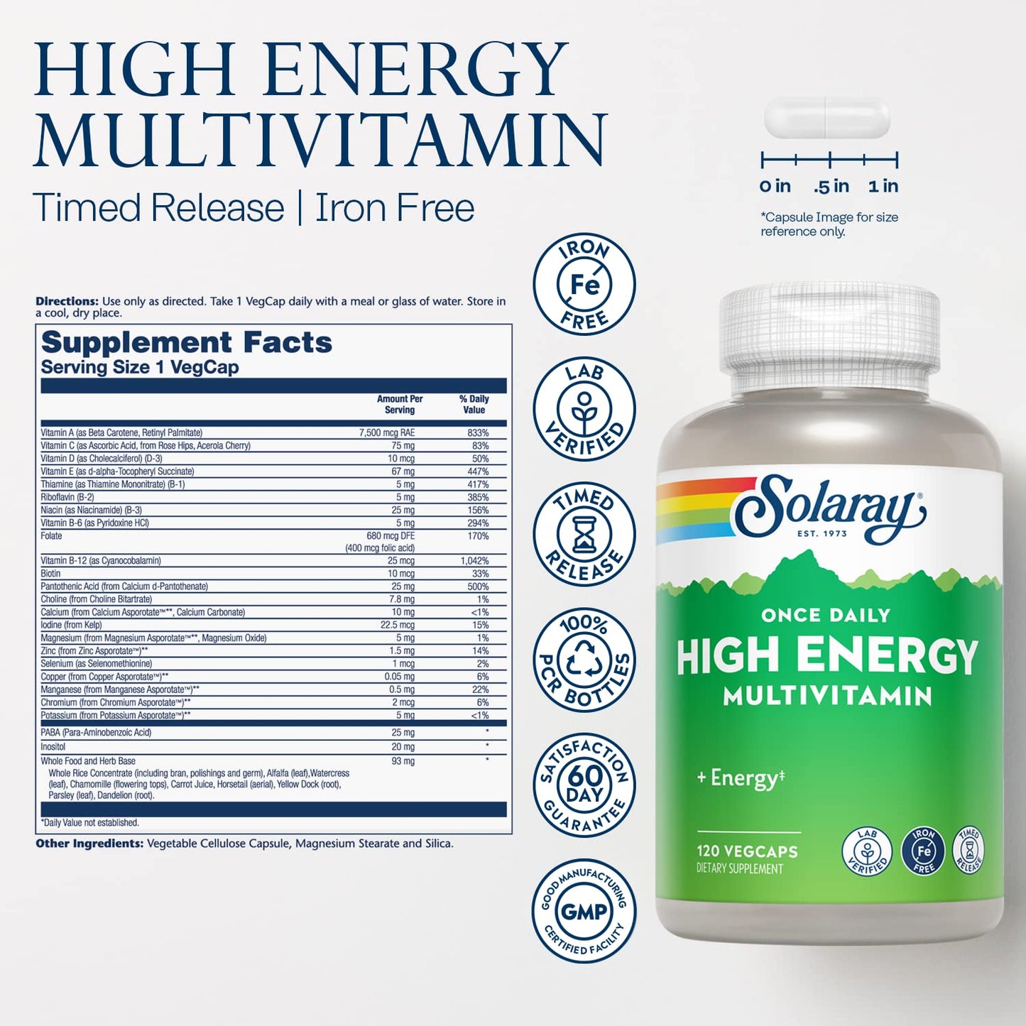 SOLARAY High Energy Multivitamin No Iron Timed-Release Whole Food & Herb Base VegCaps 120
