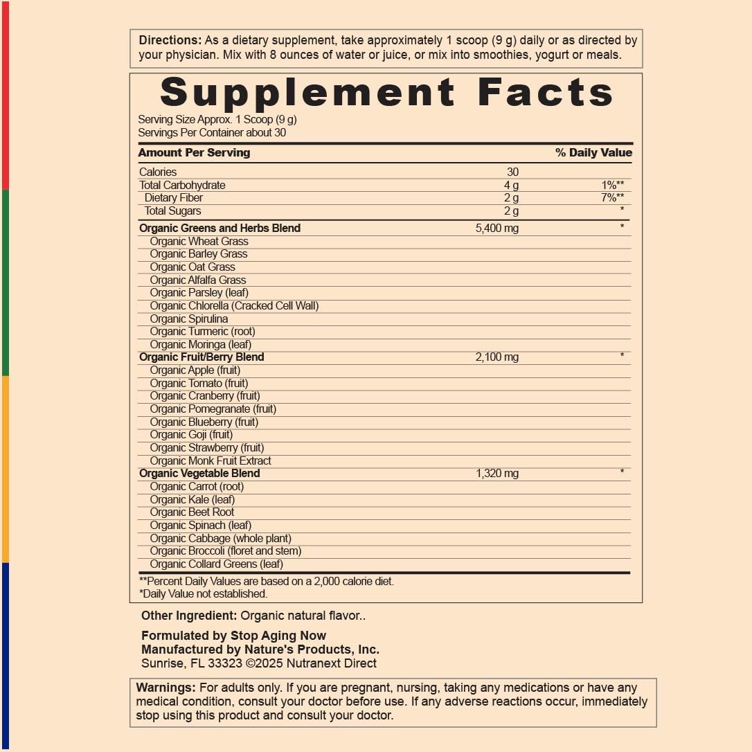 Stop Aging Now Organic Greens Powder Superfood Supplement Blend Mix, 9.5 oz