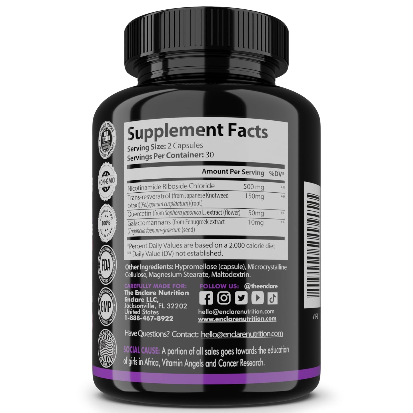 THE ENCLARE NUTRITION NAD+ Booster NAVIVA 500mg Nicotinamide Riboside Resveratrol & Quercetin Capsule, 60 Count