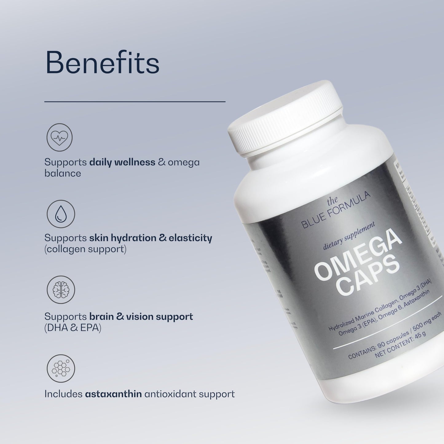 The Blue Formula Omega 3-6-9 Capsules with Hydrolyzed Marine Collagen + Astaxanthin - Fish Oil with DHA & EPA - Unflavored, No Fishy Aftertaste - 90 Capsules